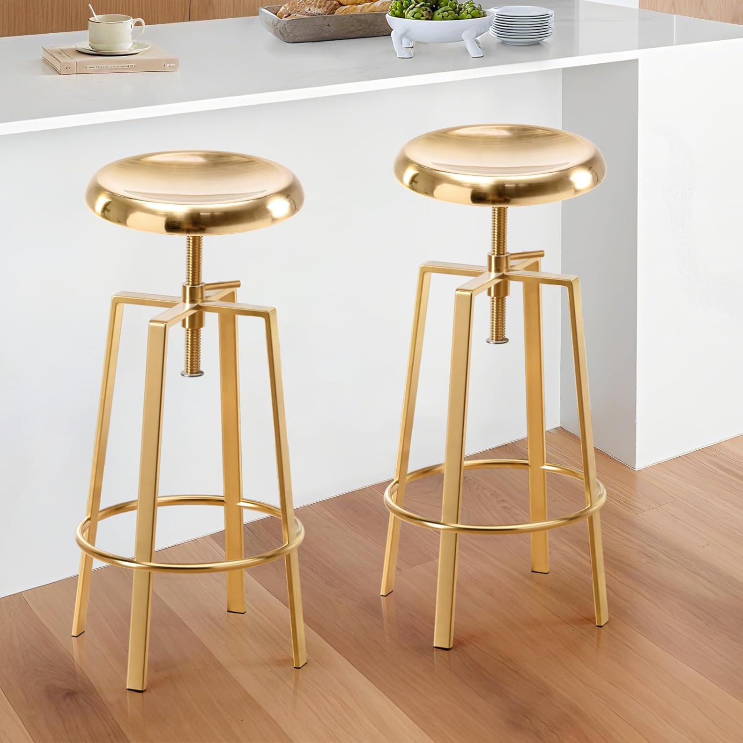 Chrome Bar Stools Set of 2, Adjustable Height 360° Swivel Bar Stools, Backless Industrial Metal Counter Stools with Footrest, Bar Chairs for Kitchen Island, Home Bar, Pub, Bistro