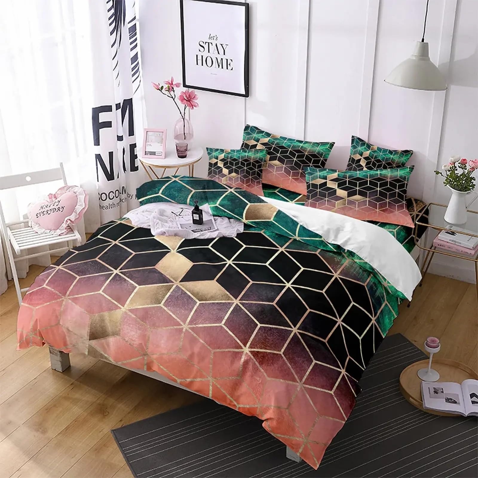 AIBUOE 3D Geometric Honeycomb Duvet Cover Queen Soft Hexagon Bedding Duvet Covers Set Single Black Red Green Gold Gradient Comforter Cover 135x200cm(