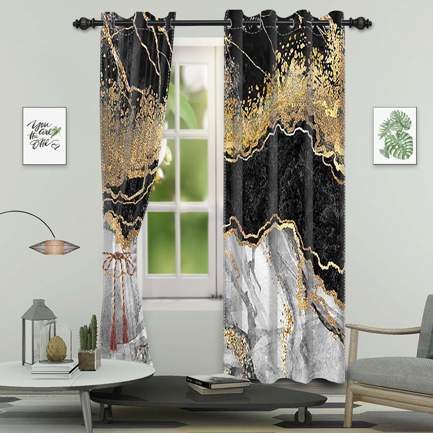 Blackout Curtains Black Grey Gold Marble Window Drapes Fluid Gold Foil Gothic Window Curtains Modern Abstract Art Window Treatments for Youth Living Room Bedroom Kitchen,26x63 inch,2 Panels