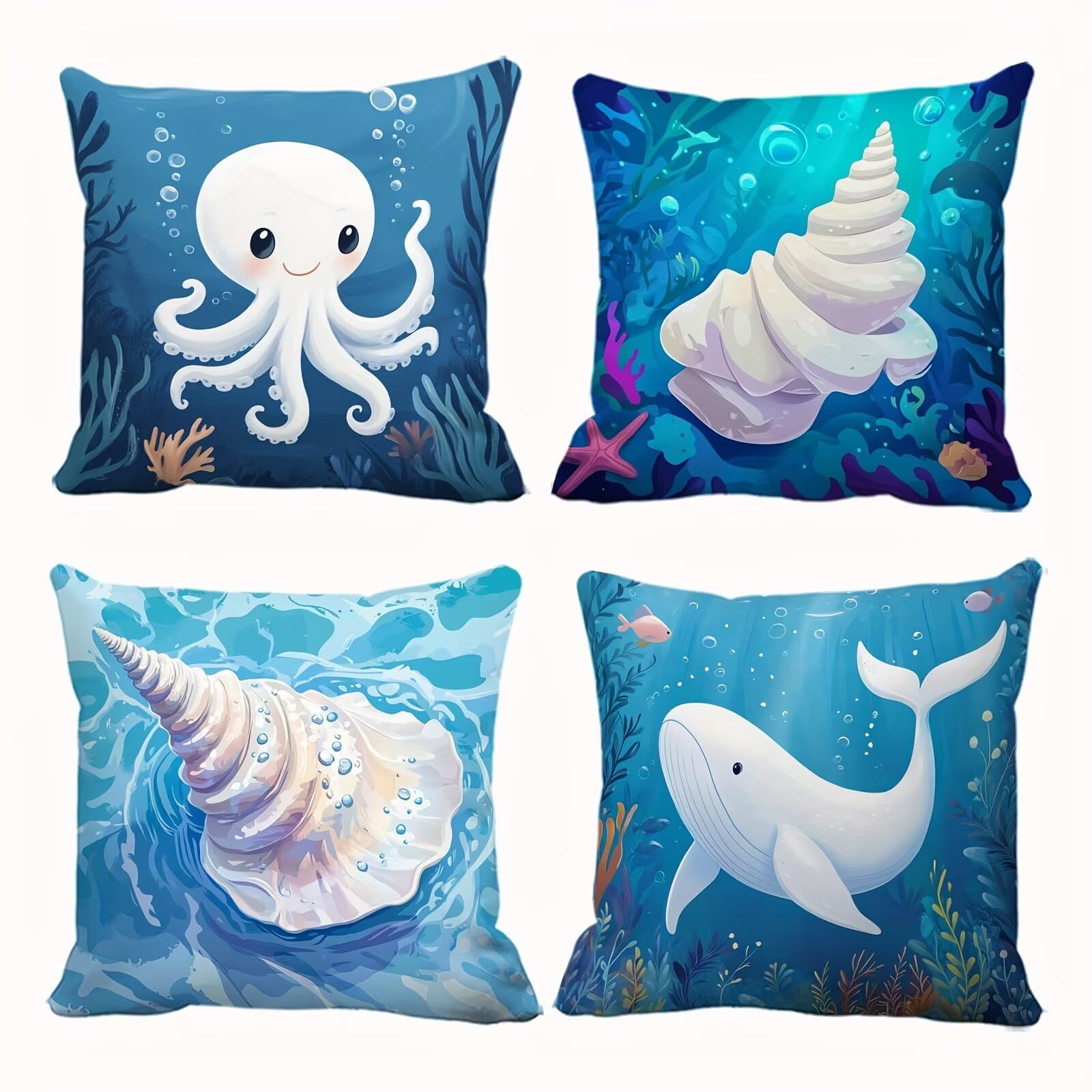 Heaen Outdoor Cushions Covers Waterproof 35x35 cm Set of 4 Square Linen Pillow Cases Cartoon Whale Decorative Dushions for Sofa Porch Patio Home Decor