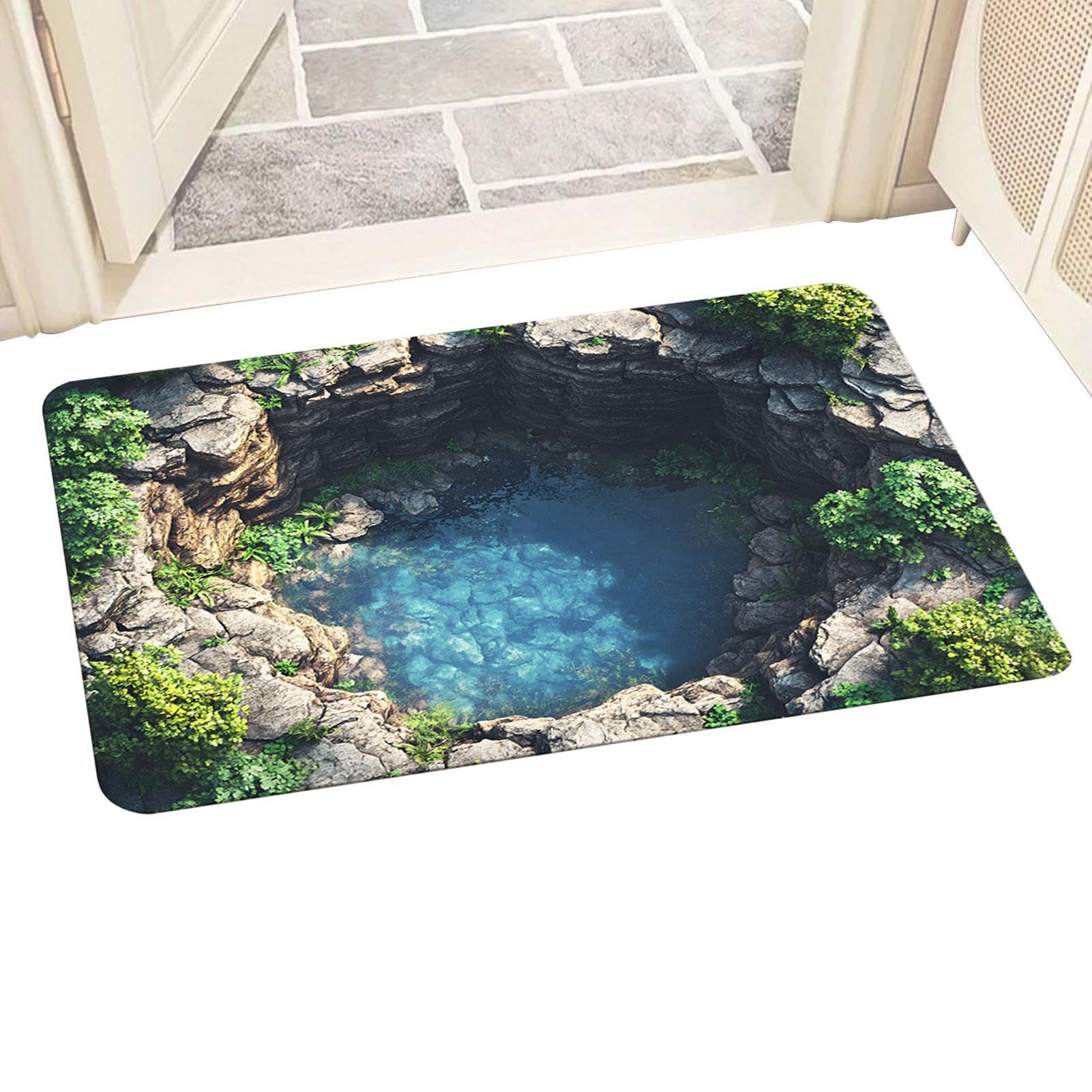Tapis d'illusion d'optique lavable design cascade et trou 3D pour salon et bureau