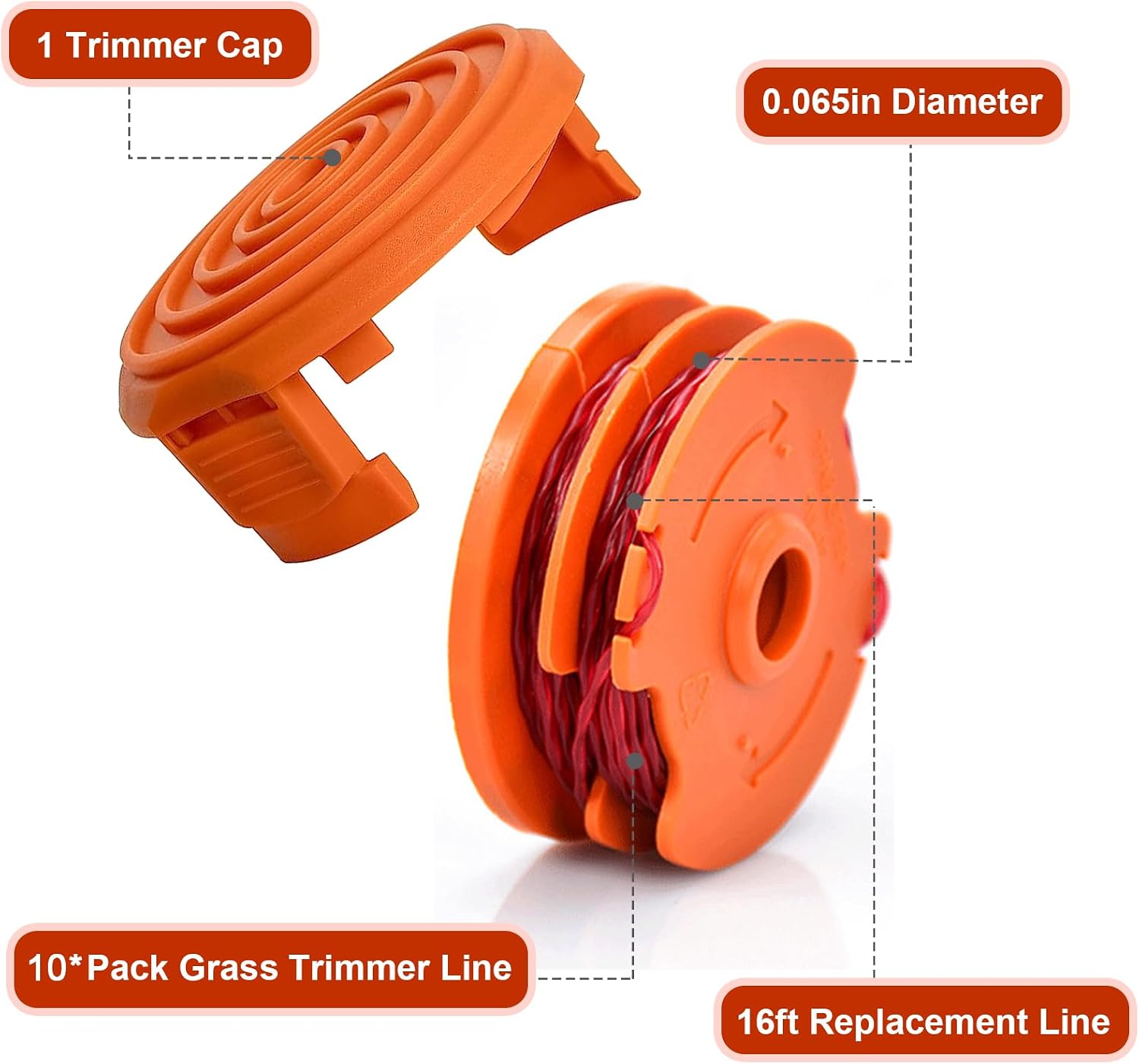 WA0007/ 50022833 Replacement Line Trimmer Spool 16ft 0.065'' for Worx WG116 WG119 WG183 Corded Electric String Trimmers, 11-Pack (10-Line Spool + 1 Cap)