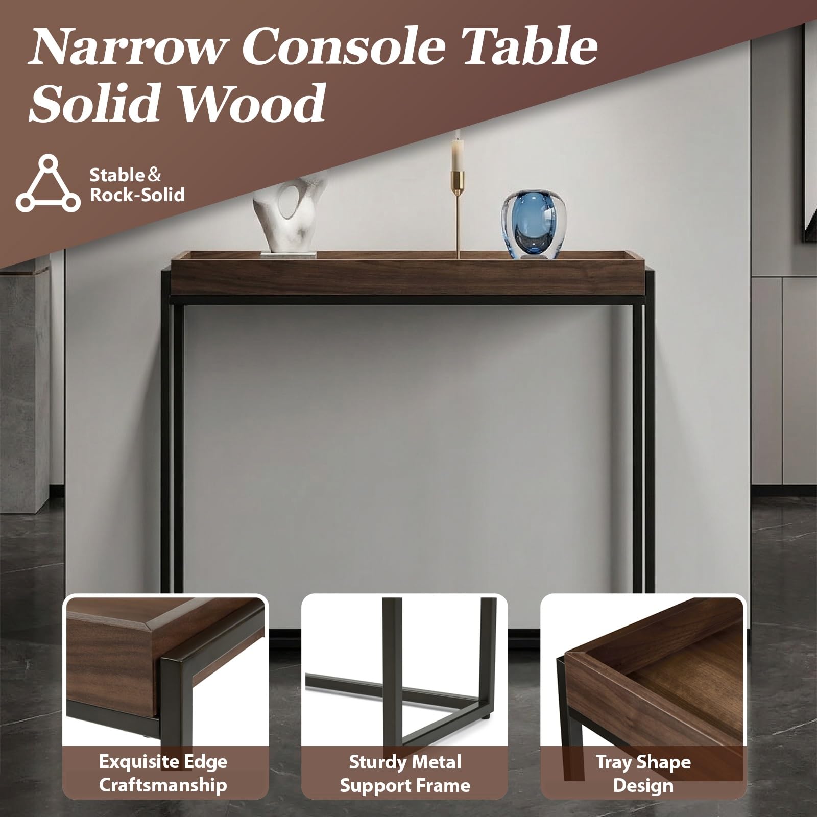 Table console étroite en bois massif avec rangement - Table d'entrée de style rustique pour couloir, salon, foyer - Assemblage facile - 70,1 x 25,4 x 80 cm - Idéale pour derrière le canapé