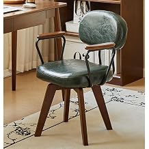 Swivel Desk Chair, Faux Leather Upholstered Office Chair No Wheels Armchair with Oak Wood Legs, Mid Century Modern Computer Chair for Small Spaces Living Room Bedroom42x47x43cm16x18x17inch, Green