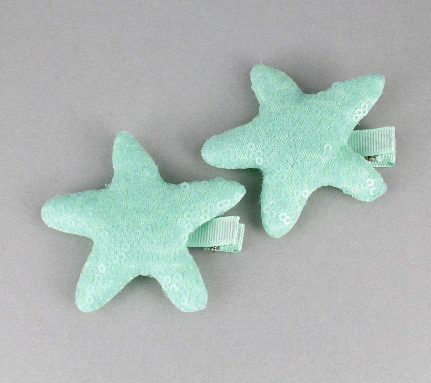 2 Mint Green Starfish Barrettes Hair Clip Sea Star Mermaid Barrette Hair 2 5/8" Colored Hair Clips for Women