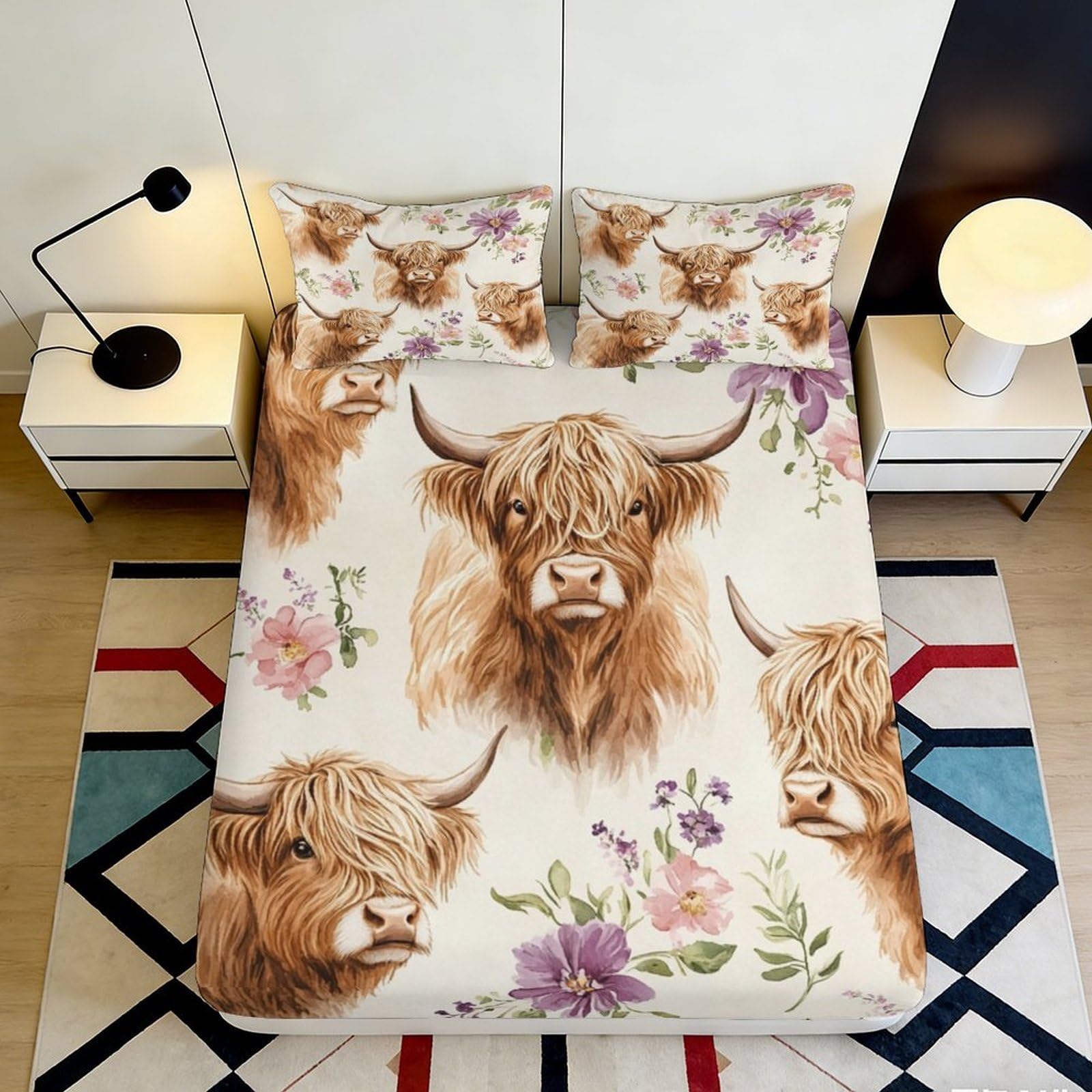 3D Printed Highland Cattle Fitted Sheet Microfiber Soft Breathable Floral Bed Cover for Bedroom Dormitory Guest Room Mattress Protection Decor 140x200x25cm