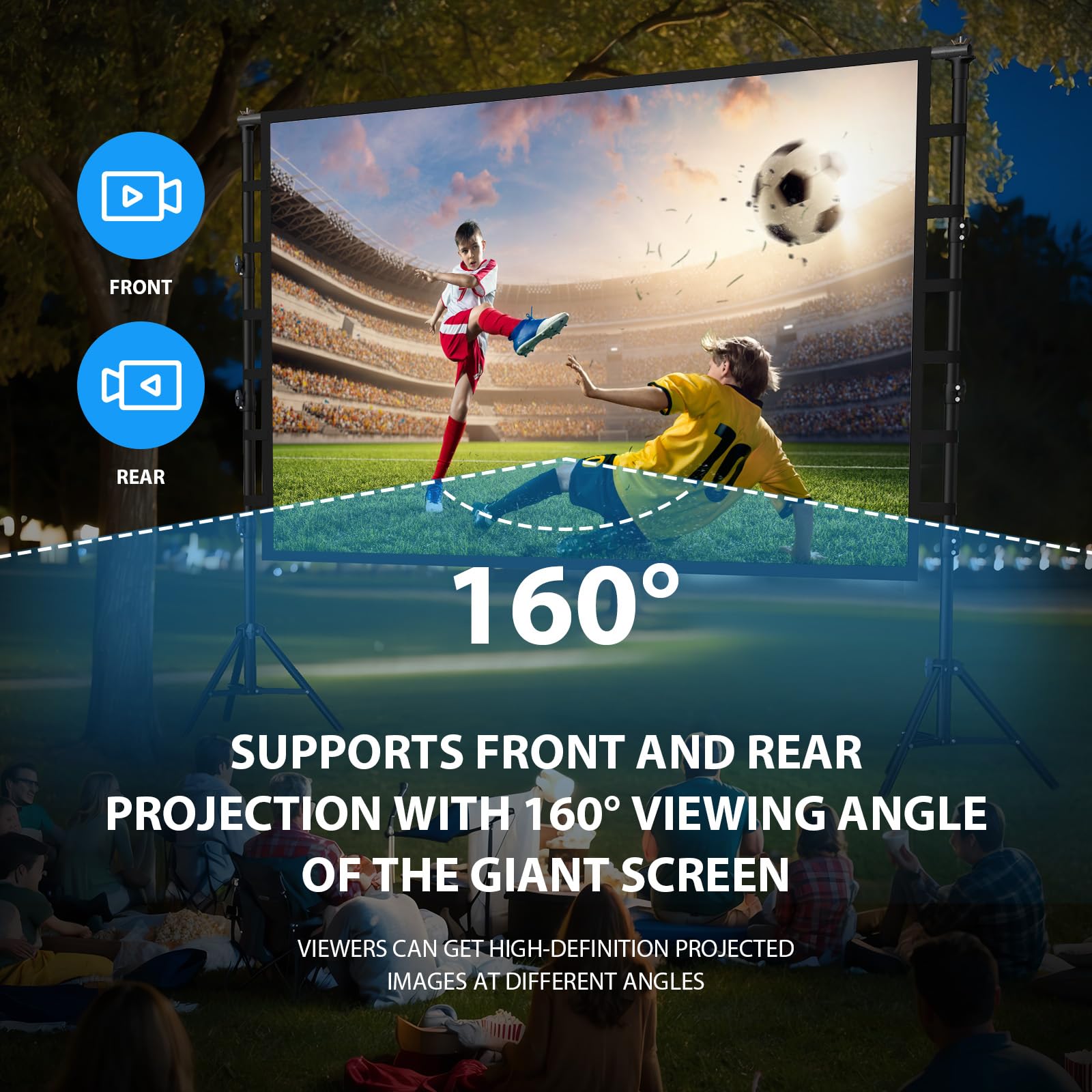 Pantalla de proyector para exteriores con soporte de 150 pulgadas: pantalla de proyección portátil  y soporte, pantalla de cine frontal trasera interior 16:9 4K HD, con bolsa de transporte, 2