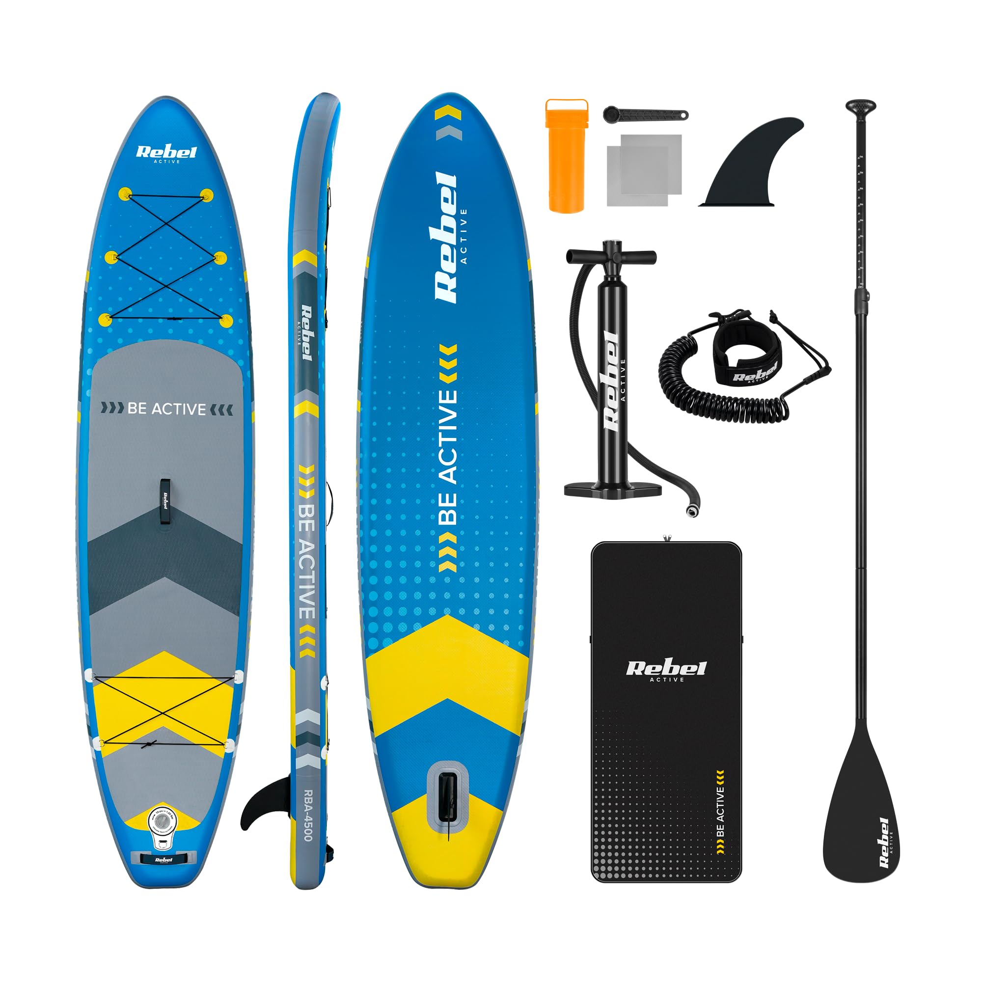 Rebel Electro SUP Board Pumped for Swimming Drop-Stitch 350cm Paddle Pump Kit Backpack RBA-4500-BL