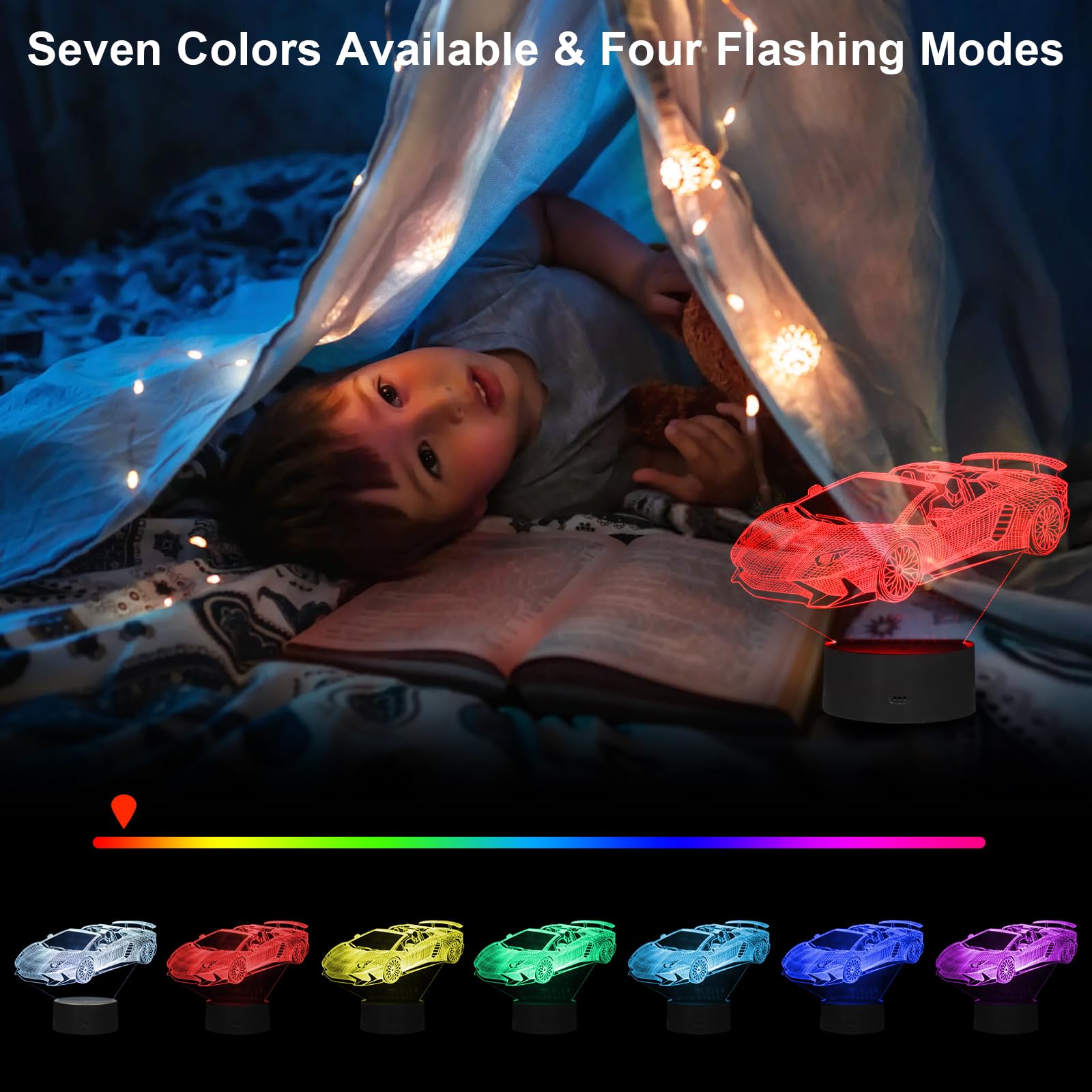 Racing Car Night Light, 3D LED Night Lamp for Boys - Racing Cars Themed Bedroom Lamps, Optical Illusion Lamp with Remote Control, Perfect for Kids' Room Décor, Cool Gifts for Car Lovers