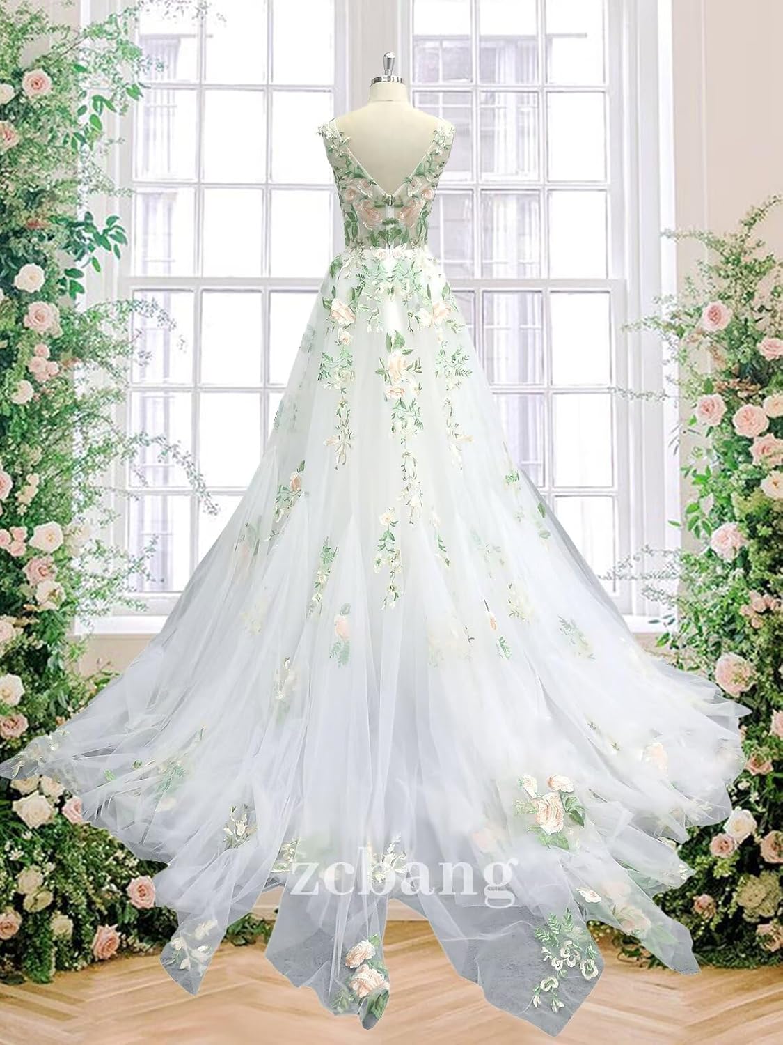 zcbang Forest Fairy Lace Wedding Dresses for Bride Colorful Tulle Bridal Gown with Train