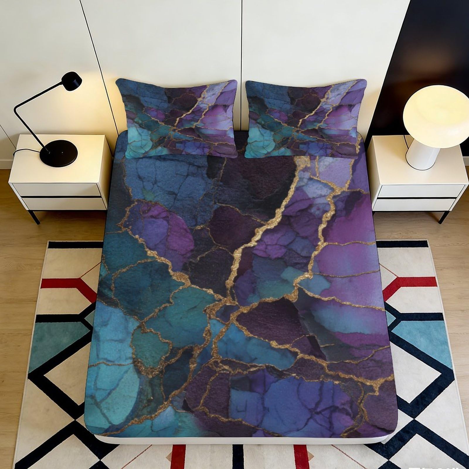 3D Printed Abstract Marble Fitted Sheet Microfiber Purple Blue Veins Mattress Cover Bedroom Decor Dustproof 90x200x25cm