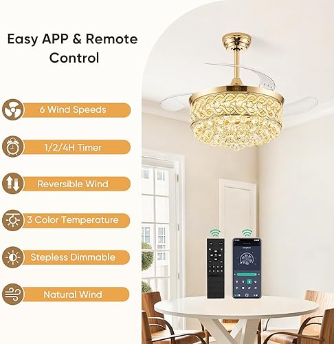 Miniatura 8 de Ventilador de Techo Fandelier de Cristal de 48" con Luz, Ventiladores de Techo Retráctiles Araña Ventilador con Aspas Retráctiles LED Regulable