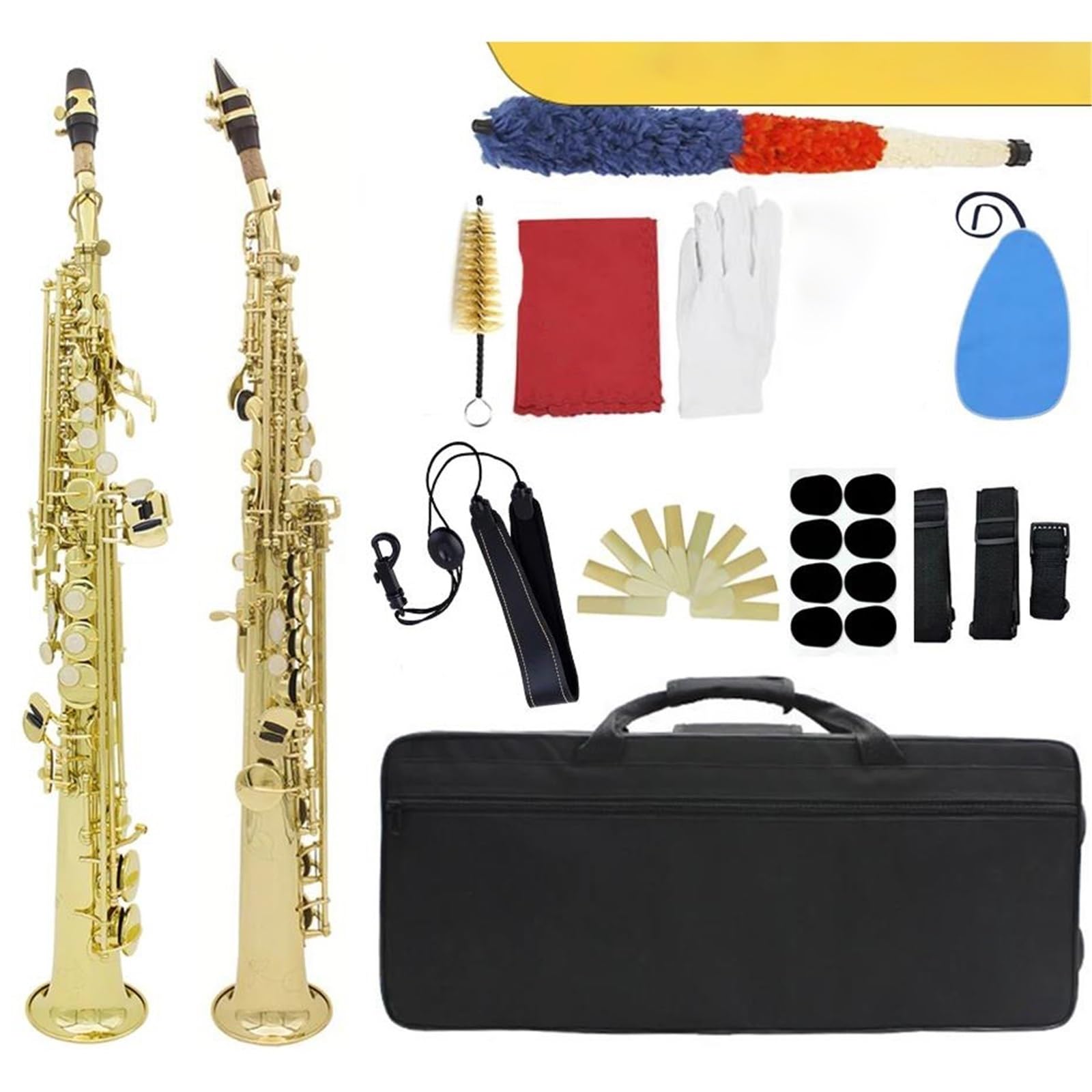 Saxofón Soprano para Amantes de la música, Instrumento Profesional de Tubo Recto de latón en SIB con Caja, lengüetas, Piezas y Accesorios.,Golden
