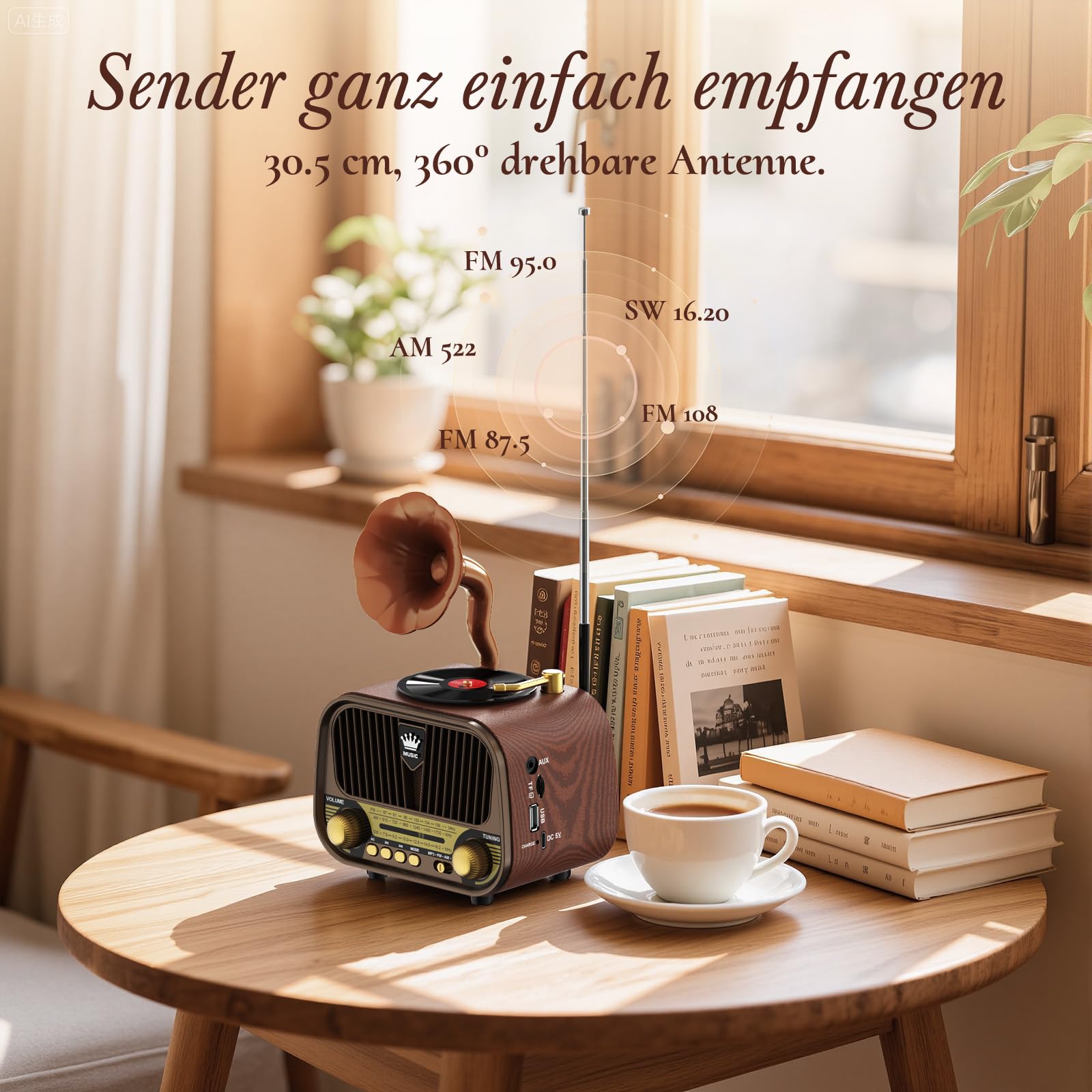 PRUNUS J-190 Retro Radio Klein AM/FM/SW, Nostalgie Radio mit Akku 1800mAh, Kofferradio mit Bluetooth 6.0, Unterstützt USB/TF/AUX Funktion, großem 5-W-Lautsprecher für Büro Zuhause.