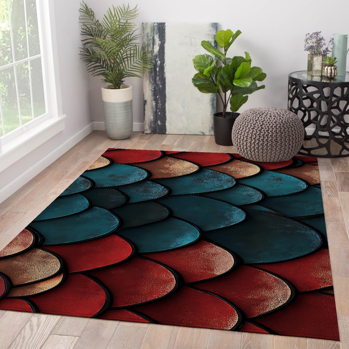 Tapis de cuisine en écailles de poisson 150x210 cm bleu et terre cuite