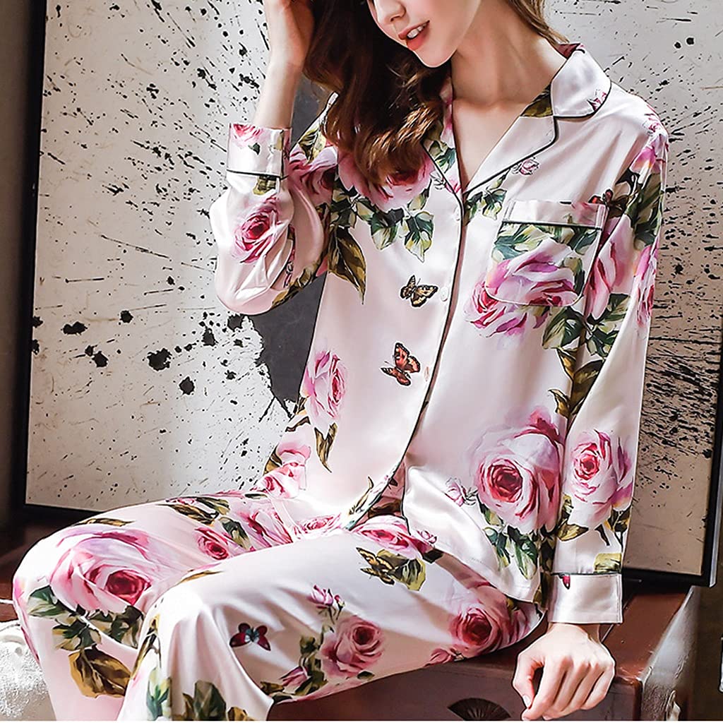 WANGJUN 2021 Silk Pajamas Women's Suit Pajamas Floral Print Long-sleeved Pajamas Loose Plus Size Home Service