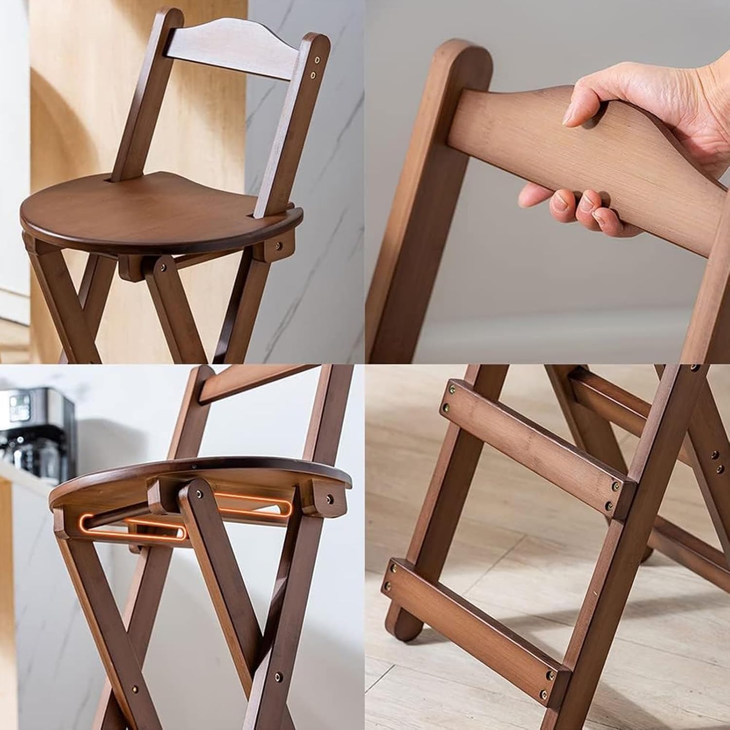 Folding Bamboo Stool, Kitchen High Stool with Back and Footrest, Portable Breakfast Chair for Home Garden Indoor Outdoor (Color : 1Pc, Size 45cm/18in) (1pc 74cm/29in)