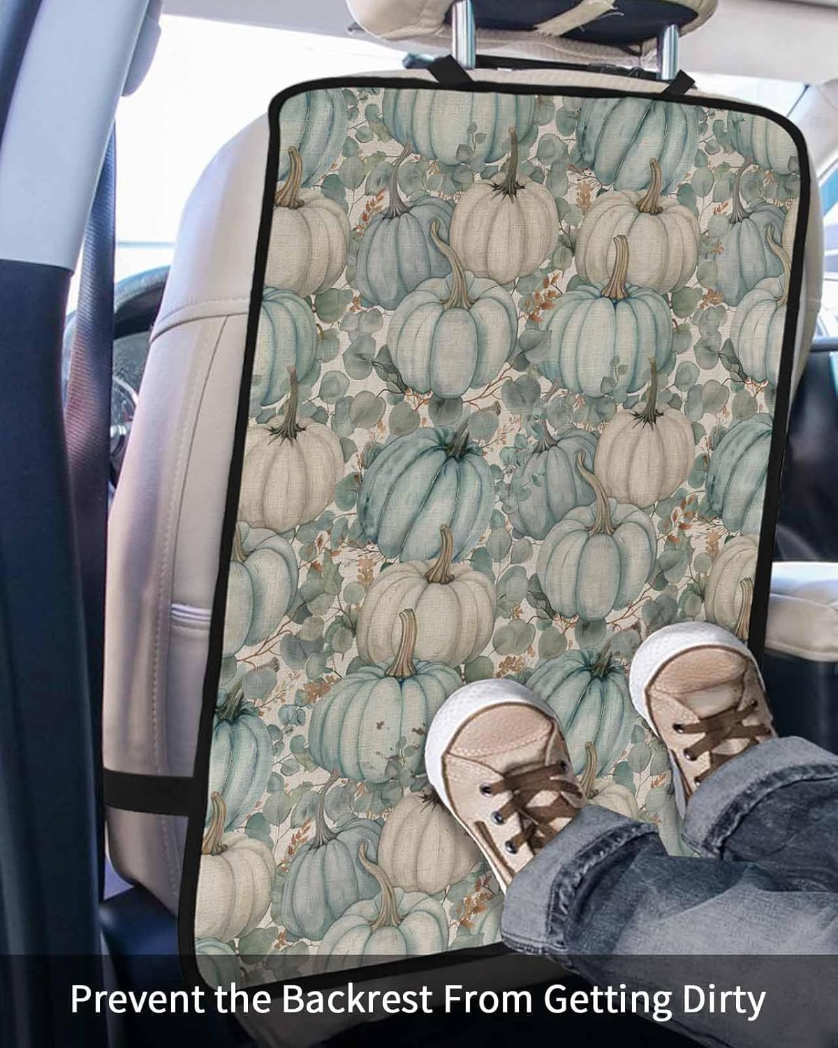 Car Seat Protector, 2 Pack Kick Mats Back Seat Protector Fall Thanksgiving Green Pumpkin Eucalyptus Leaves Linen Waterproof Backseat Cover for Kids Universal Fit Automotive Interior Protectors