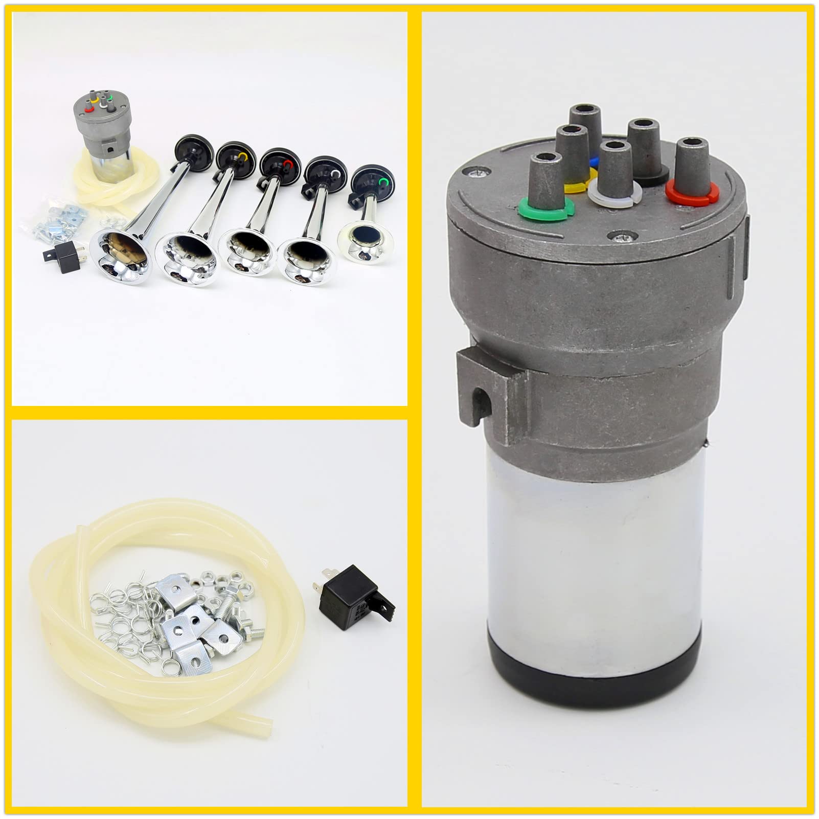 Tromba d'aria Dixie Air Horn 160db Corno da musica Tromba a cinque tubi argento elettrica impermeabile con pompa ad aria Tromba per camion tromba d'aria per auto per 12V Camion Nave Barca ecc