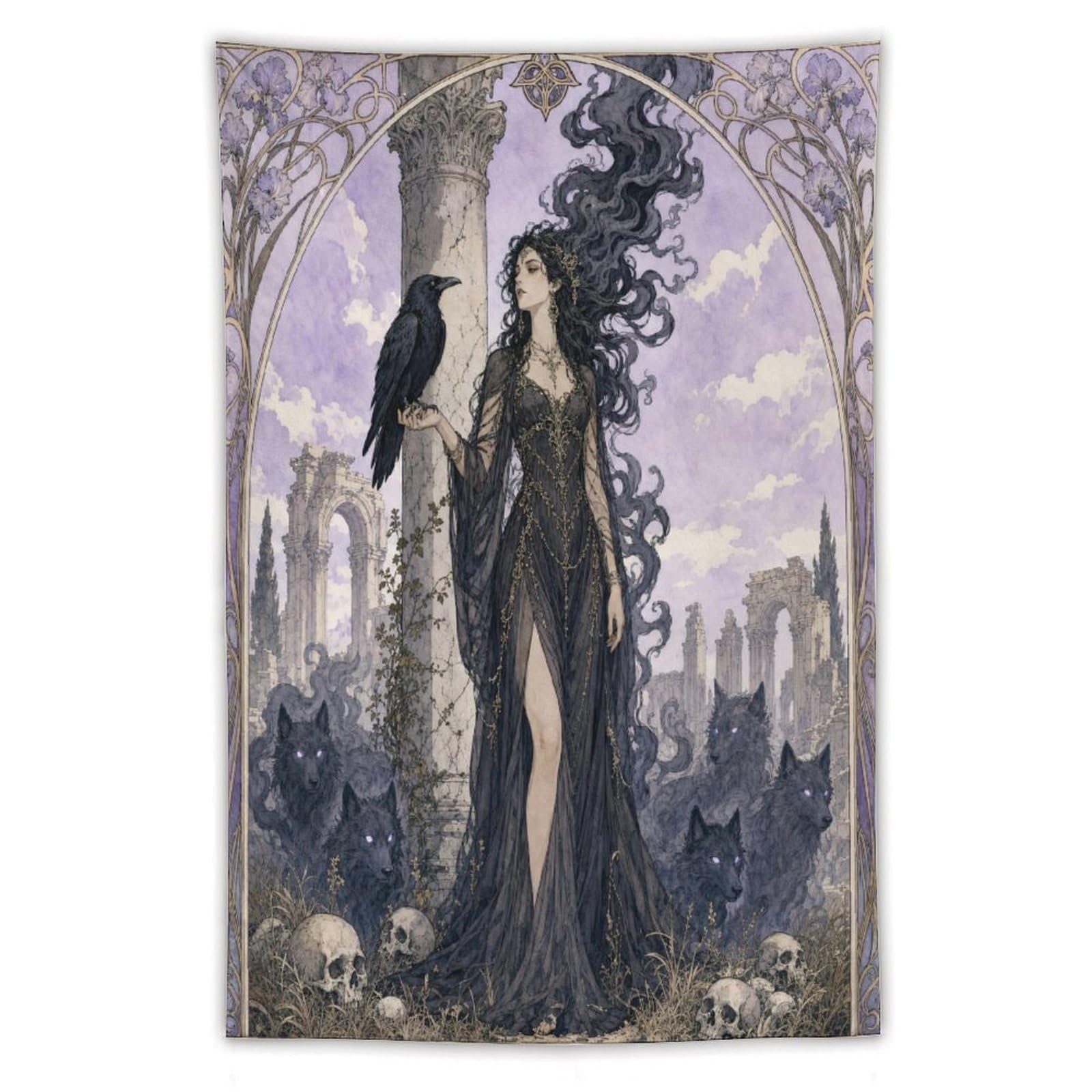 W7C8U2X3 Raven Witch in Graveyard Wall Tapestry, Gothic Oil Style, Bed