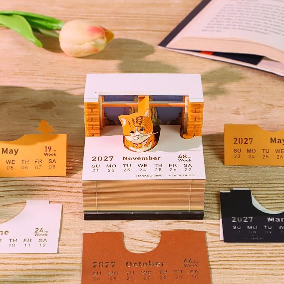 3D Art Calendar 2027, Time Piece Calendar 3D Memo Pad Creative Rip Away Paper Carving DIY Note (Orange Cat)