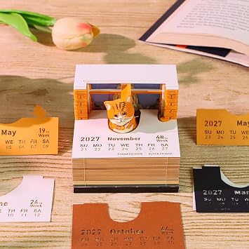 3D Art Calendar 2027, Time Piece Calendar 3D Memo Pad Creative Rip Away Paper Carving DIY Note (Orange Cat)