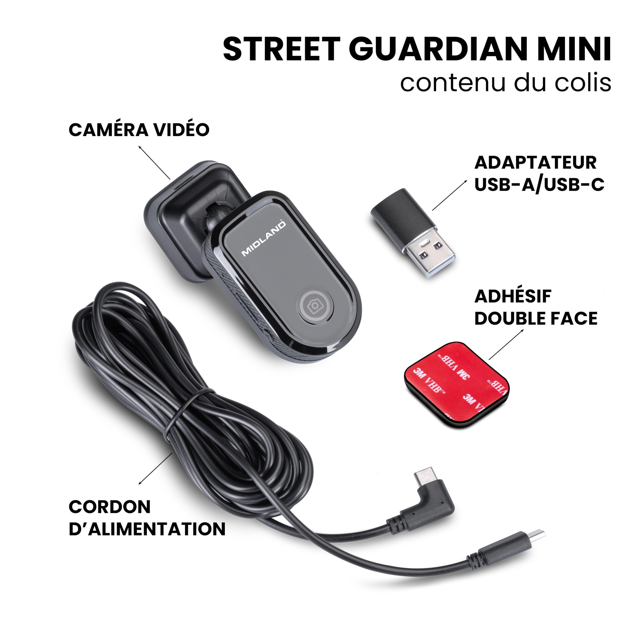 Midland - Dash Cam Auto Street Guardian Mini, Dashcam avec Localisateur GPS intégré, Caméra avec Capteur G pour Détection des Chocs - Accessoires Auto, Caméra Wi-FI pour Accès Vidéo Depuis Smartphone