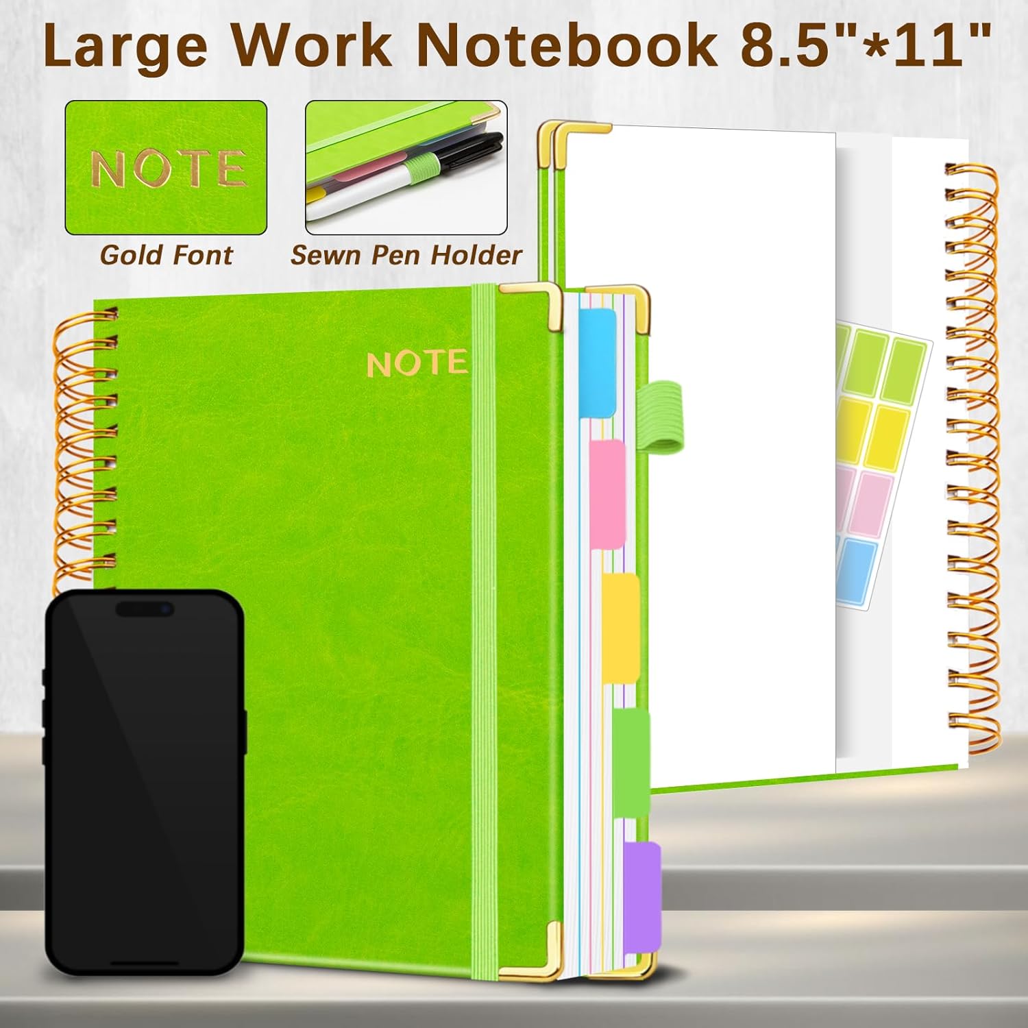 Hardcover Spiral Notebooks for Work 8.5''x 11'', 300 Pages 5 Subject Notebook with Dividers & Tabs, A4 Spiral Journal for Women, College Ruled Notebook for School Students Note-Taking