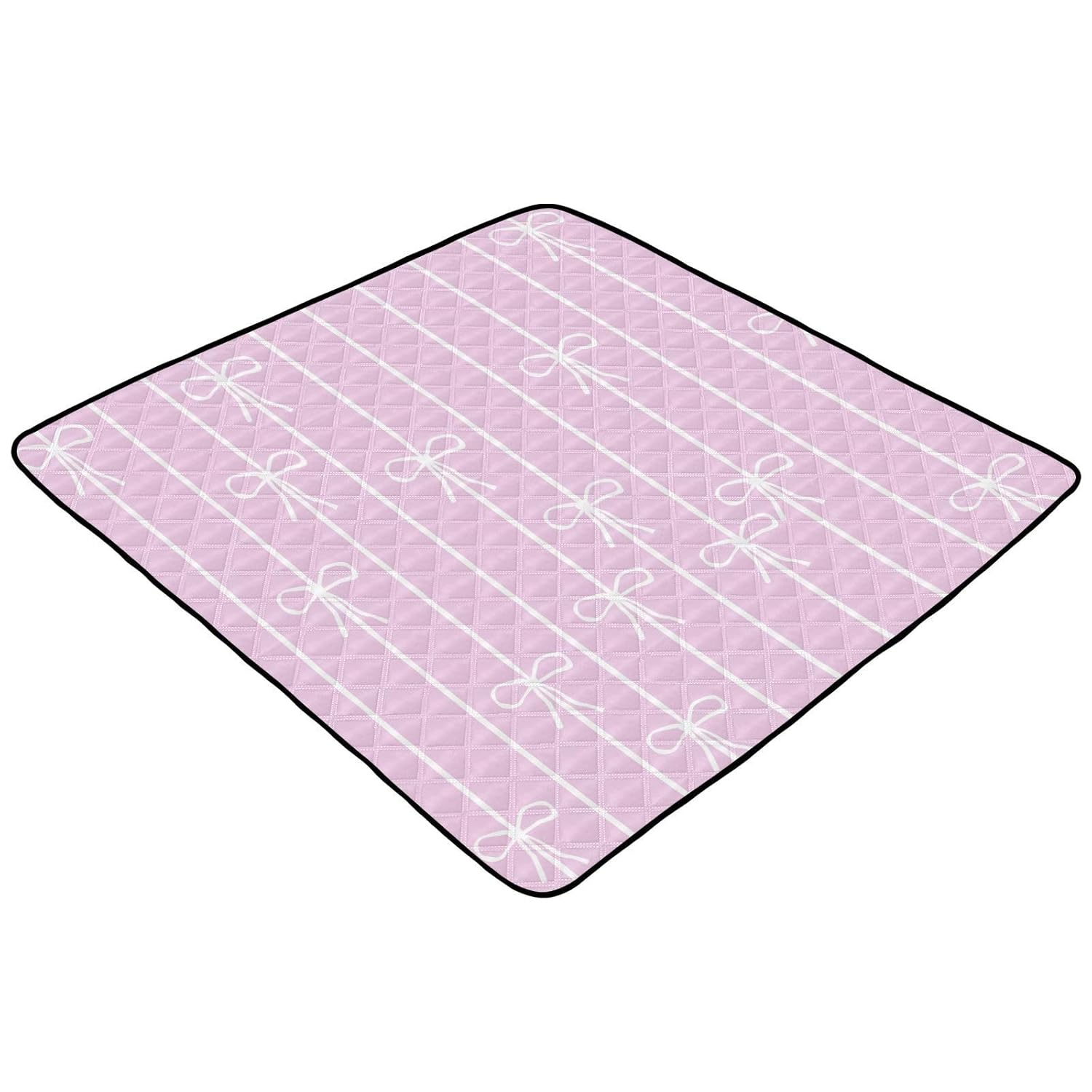 Baby Play Mat Pink White Bows and Stripes 50 x 50 Playpen Mat Baby Play Mats for Floor Play Gym Crawling Mat Non-Slip Cushioned Baby Playmat for Infants, Babies, Toddlers