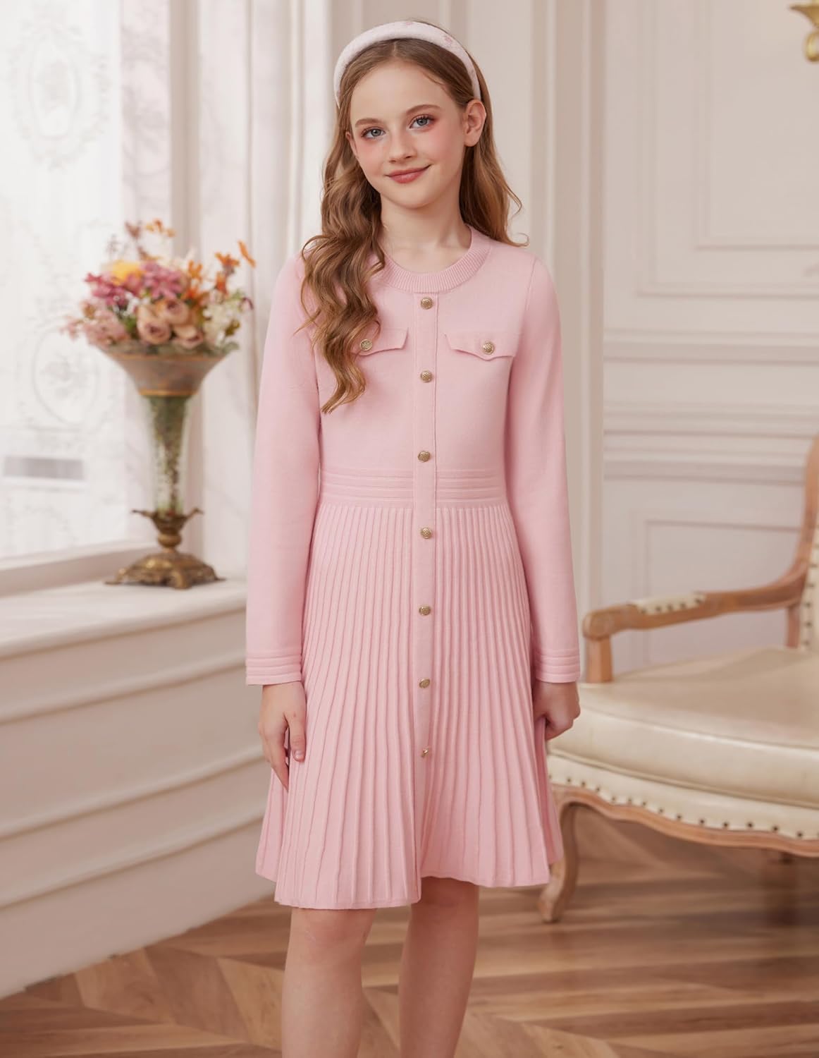 GRACE KARIN Girls Sweater Fall Dress Long Sleeve Knit Button Front Pleated A-Line Casual Winter Midi Dresses 5-14Y - Image 5