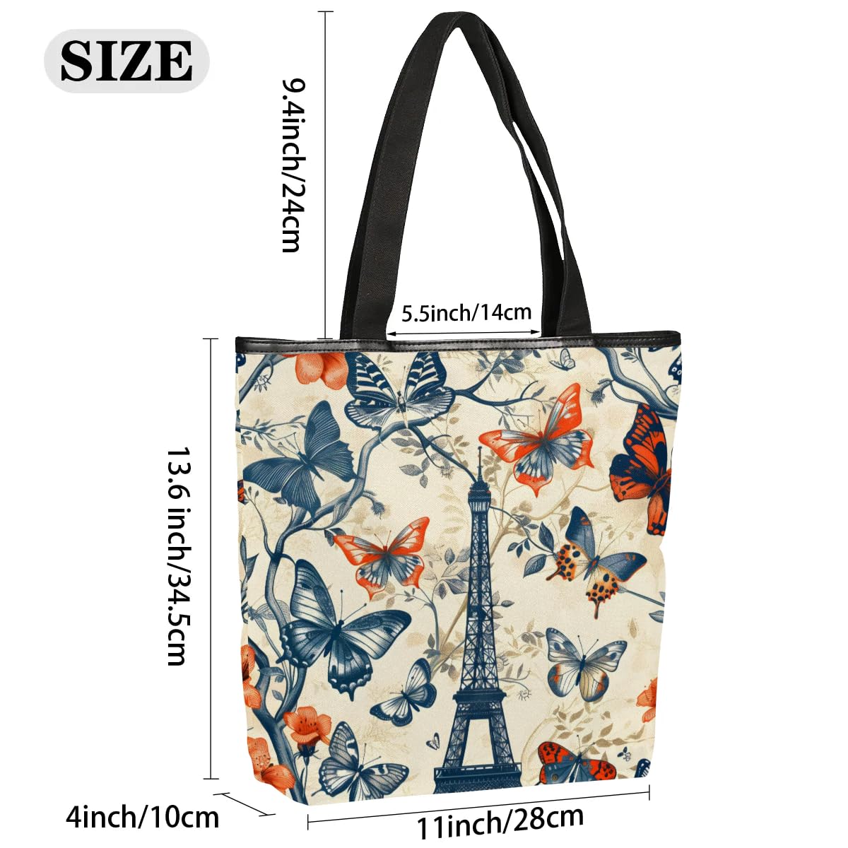 Mularoka Watercolour Butterfly Pagoda Tree Branch Canvas Tote Bag with Zipper and Pockets Canvas Tote Shopping Bag Women Reusable Grocery Bag for Beach Travel Gym Shopping