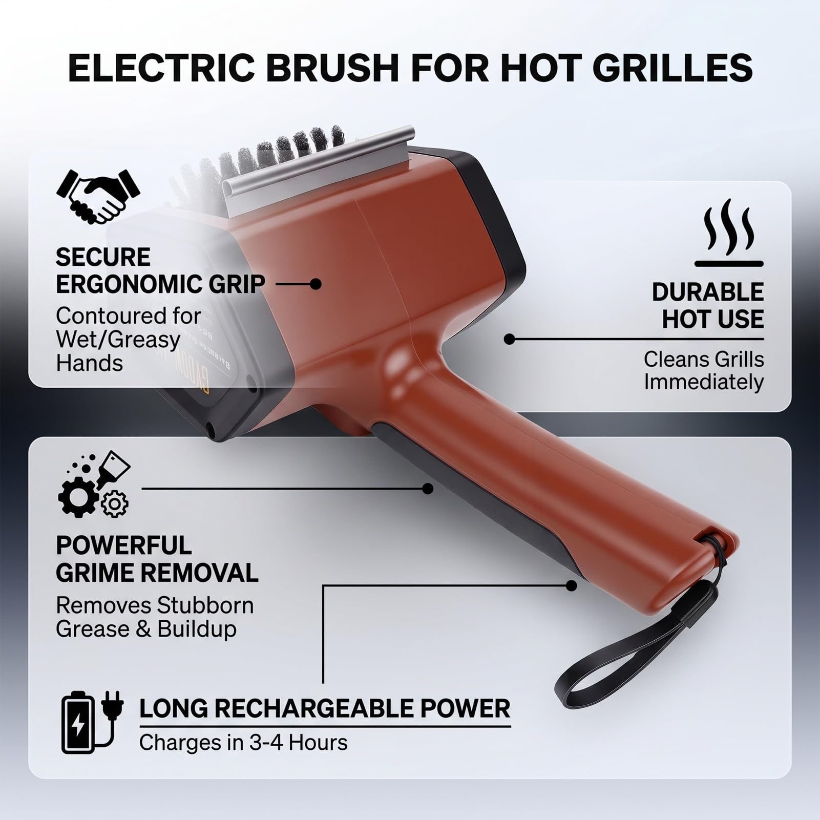 AMONIDA Cepillo Eléctrico para Parrilla, Herramienta Ergonómica de Limpieza para Barbacoa, para Acampar, Uso Al Aire, Recargable, 3000mAh