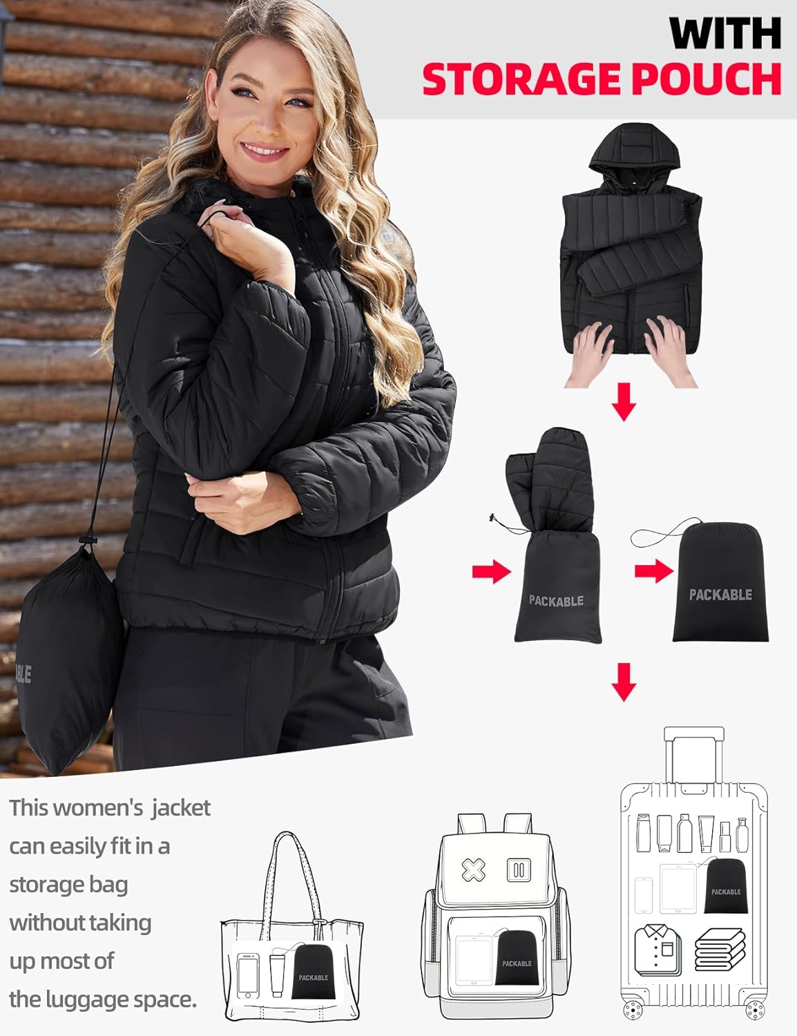 Gihuo Women's Packable Lightweight Hooded Puffer Jacket Quilted Winter Outdoor Jacket with Storage Bag - Image 5