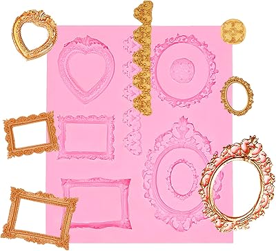 European Style Mirror Frame Fondant Molds for Cake Decorating, Baroque Embossed Love Heart Photo Silicone Mold for Wedding Cake Decorating, Candy Sugar Craft Cupcake Toppers