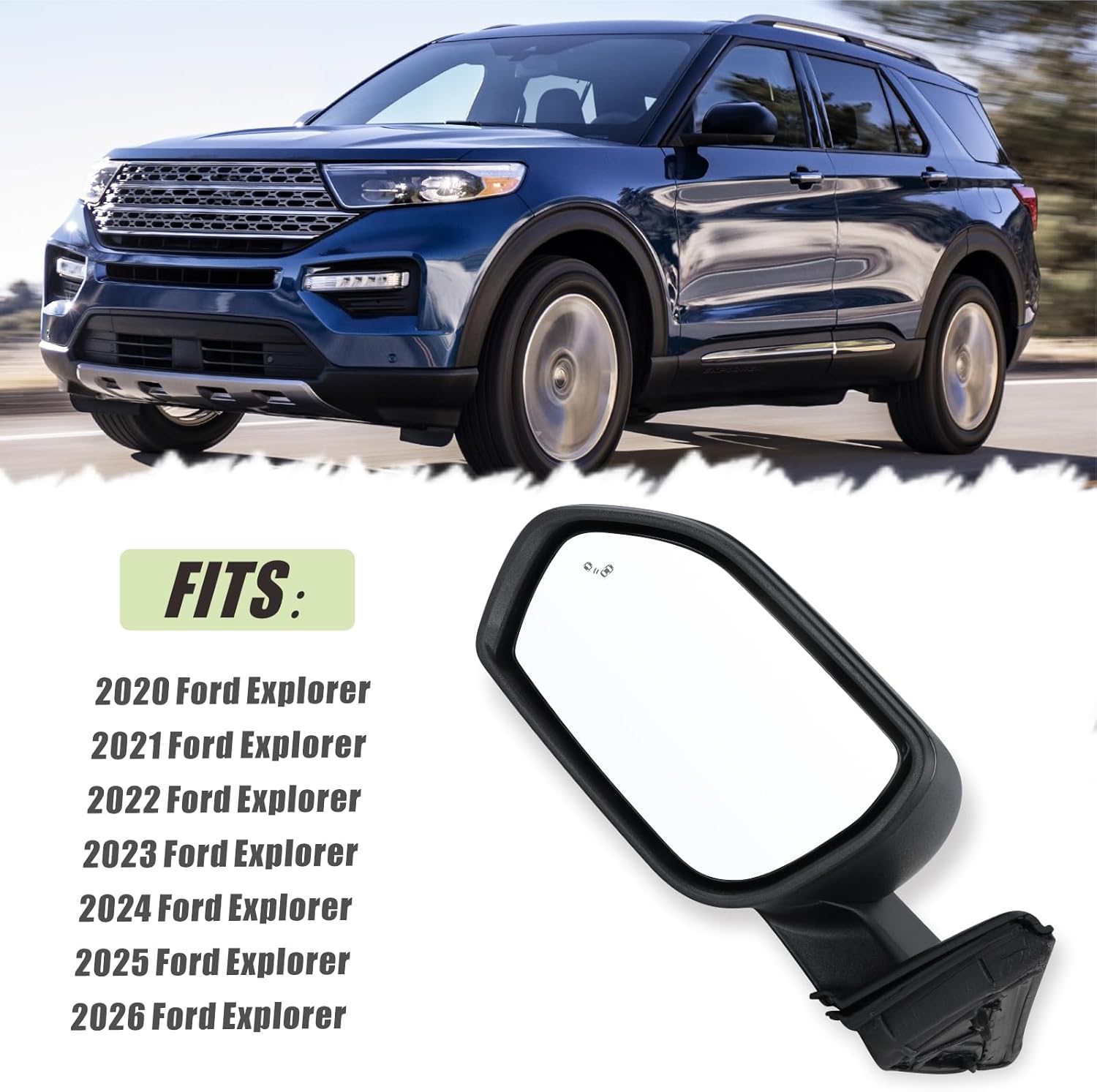 Left Driver Side Mirror Compatible With 2020-2026 Ford Explorer With Manual Folding Power Glass Blind Spot Black Replace#LB5Z17683AA(5Pins)