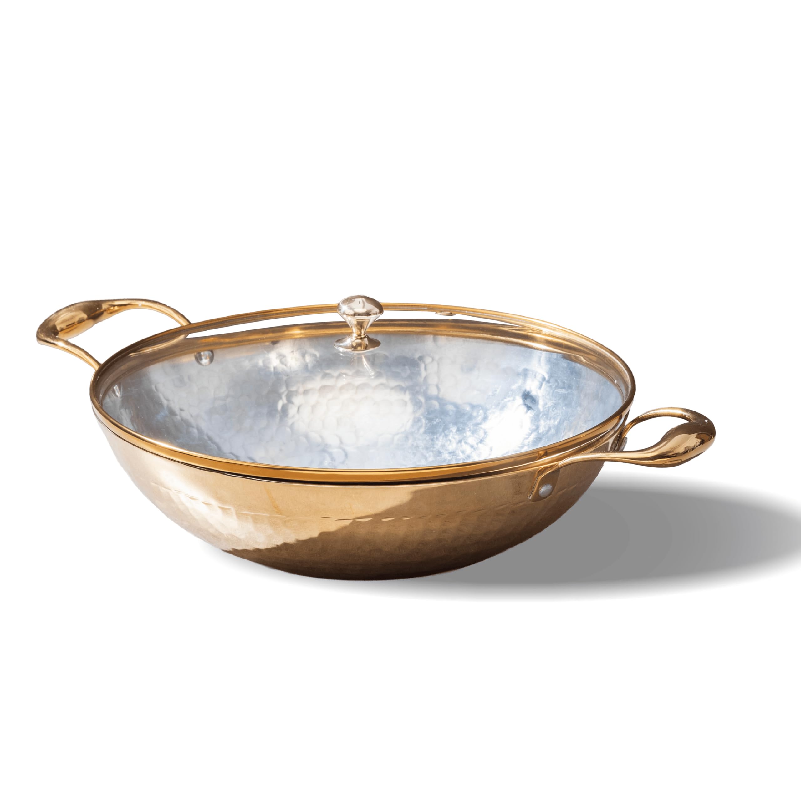 P-TAL Brass Kadhai 1.5L with Insulated Heat-Resistant Handle and Glass Lid | 100% Pure Brass Tin Coated Kadai for Cooking | Non-Stick and Chemical-Free (Glass Lid 1.5 Litre)