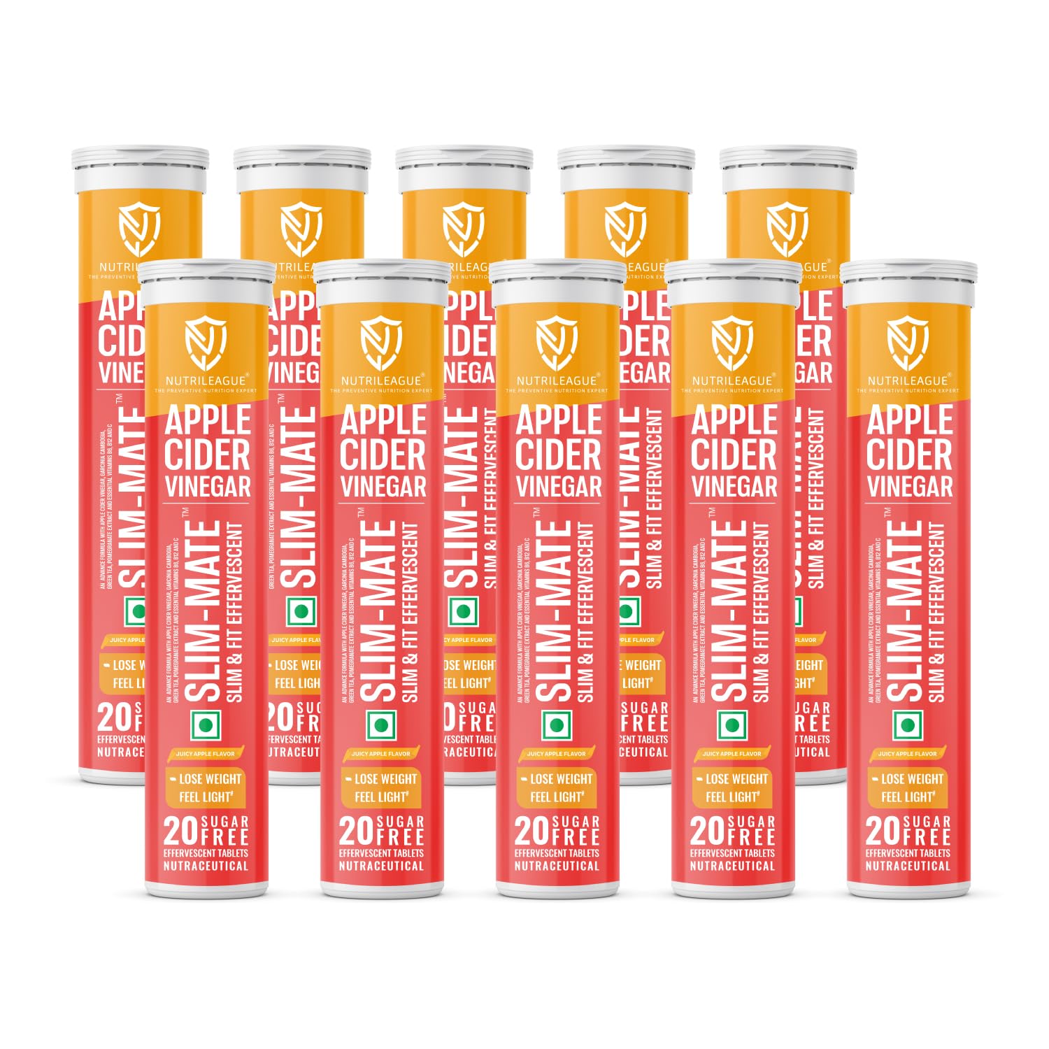 Nutrileague Slim-Mate (Slim & Fit) Effervescent Tablet | Apple Cider Vinegar with Mother (ACV) | 20 Tabs Each | Apple Flavour | Sugar-Free | Vegan | Garcinia Cambogia, Pomegranate, Green Tea & Vitamin C, B6, B12