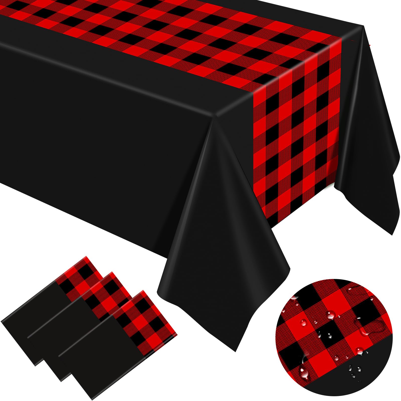 Oudain Mantel de plástico desechable a cuadros con diseño retro a cuadros de 274 x 137 cm, mantel rectangular a cuadros para Halloween, picnic, fiesta de cumpleaños (negro y rojo, 12 piezas)