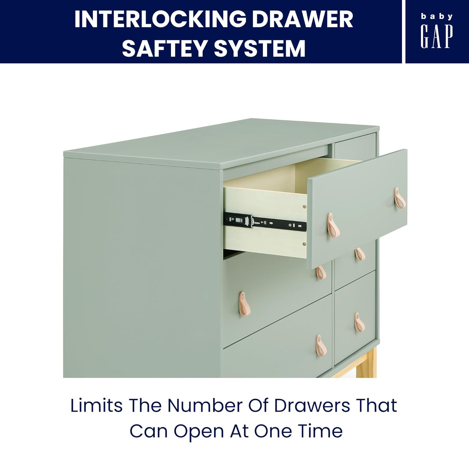 babyGap Legacy 6 Drawer Dresser with Leather Pulls and Interlocking Drawers by Delta Children - Greenguard Gold Certified, Sage Green w/Natural