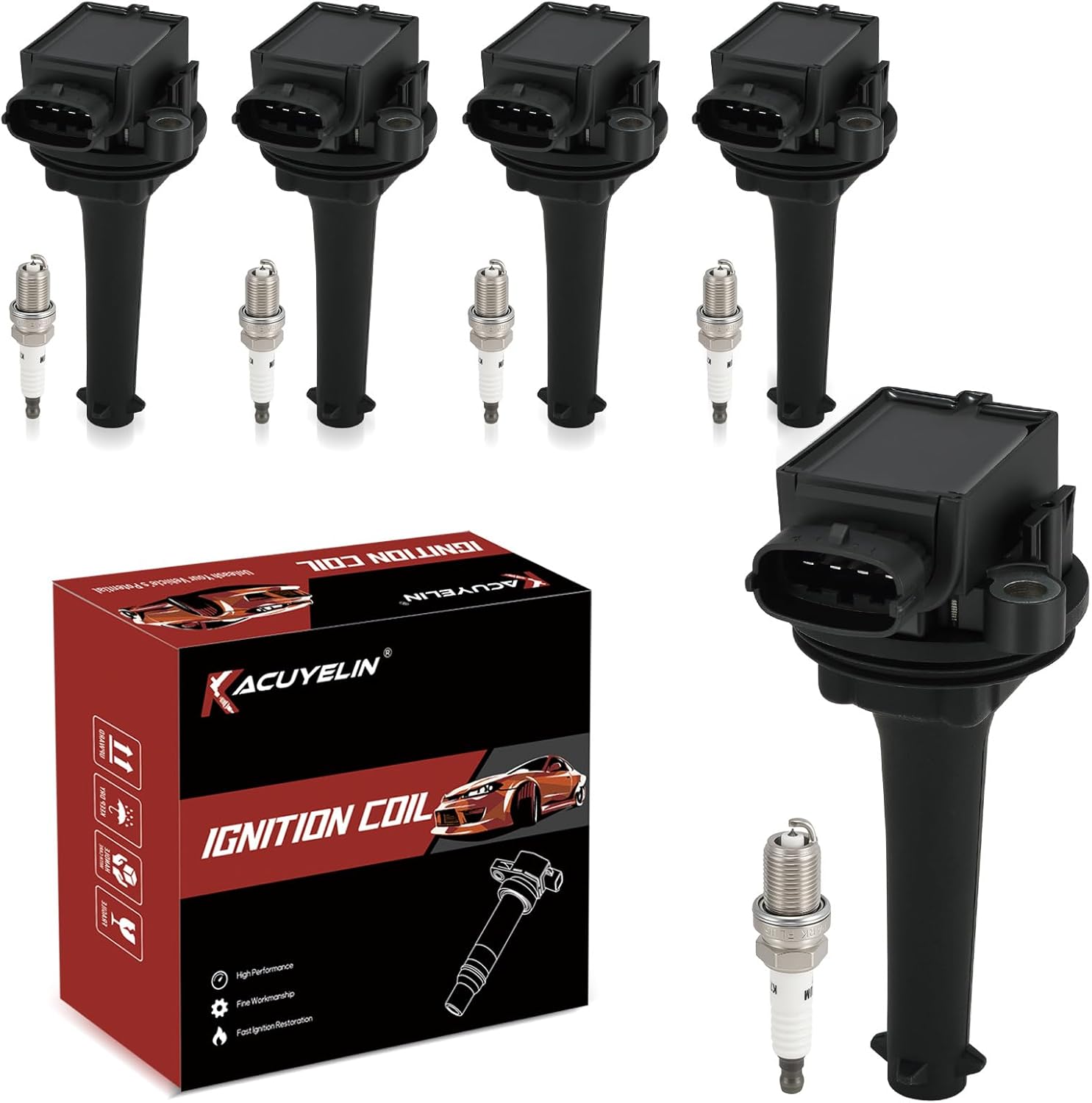 UF341 Ignition Coil Pack and Iridium Spark Plugs Set of 5 Compatible with Infiniti Volvo C70 99-05, S60 01-09, S70 99-00, S80 99-06, V70 99-07, XC70 2003-2007, XC90 2003-2006 2.3L L5,Replace# IC471