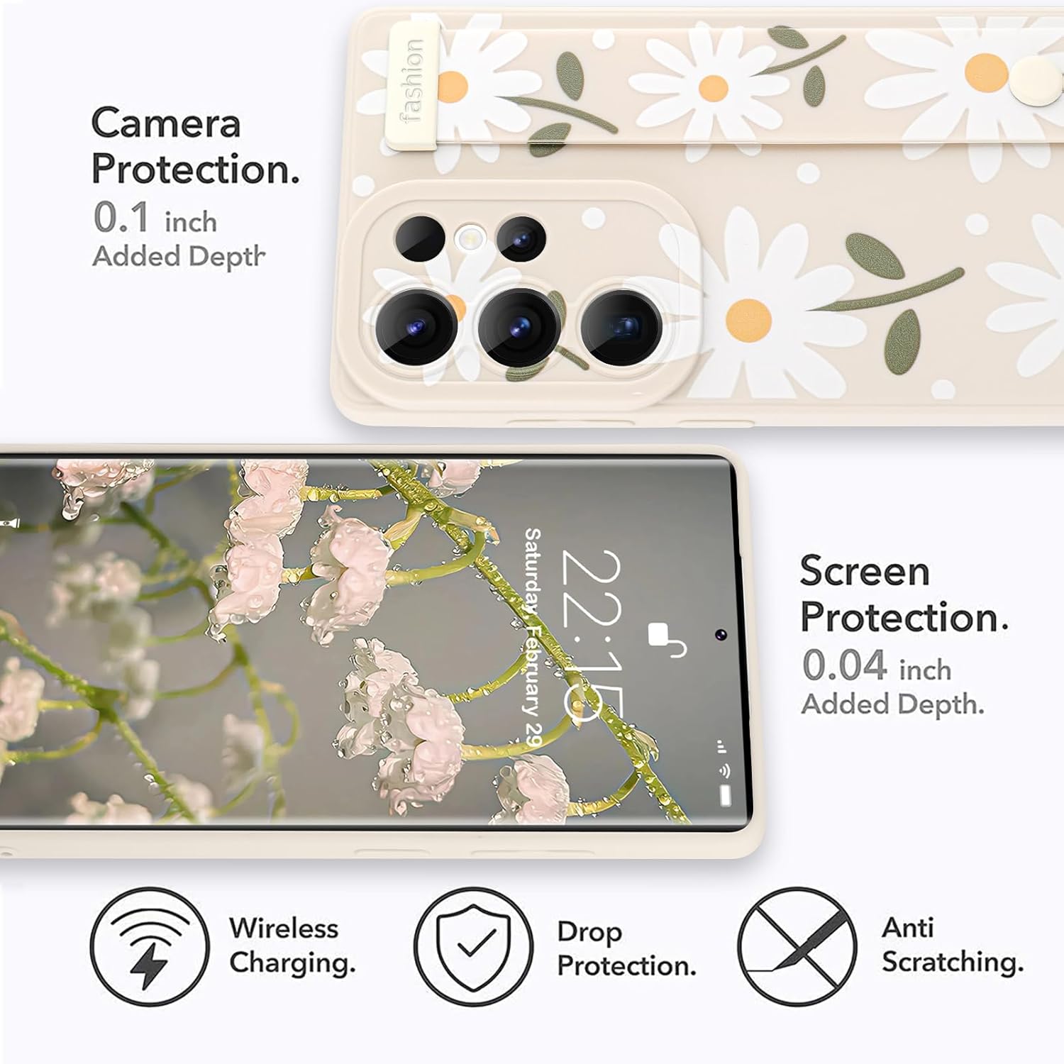 MOWIME Compatible with Samsung Galaxy S25 Ultra Case with Wrist Strap, Cute Daisy Floral Shockproof Soft TPU Protective Cover Women Girls, Slim Anti Scratch Case for Galaxy S25 Ultra 6.9 Inch, White - Image 4