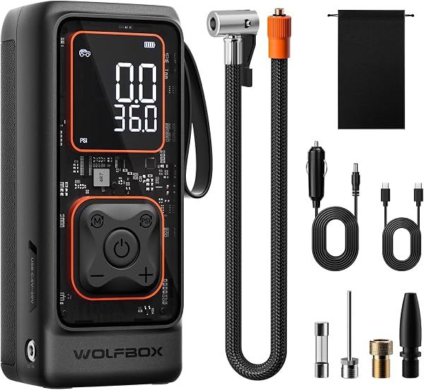 WOLFBOX Cordless Tire Inflator Portable Air Compressor, 150PSI Air Pump for Car Tires, Motorcycle, Bicycle & Ball, with Smart Digital Pressure Gauge, Auto Shut-Off & LED Flashlight