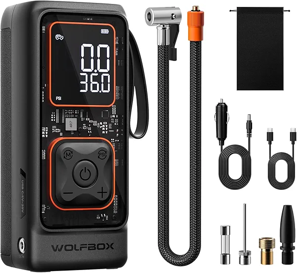 WOLFBOX 12000mAh&150PSI Tire Inflator Portable Air Compressor, Cordless Air Pump for Car Tires with Digital Pressure Gauge, Portable Tire Pump, 1-Min Fast Inflation, Auto Shut-Off, LED Flashlight