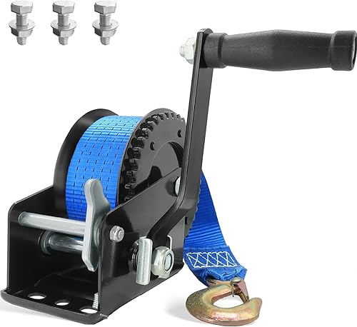 AKRIXKIP Cabrestante de mano para remolque de barco, cabrestante de mano de 3200 libras con correa azul de 33 pies (32.8 ft), cabrestante de cable