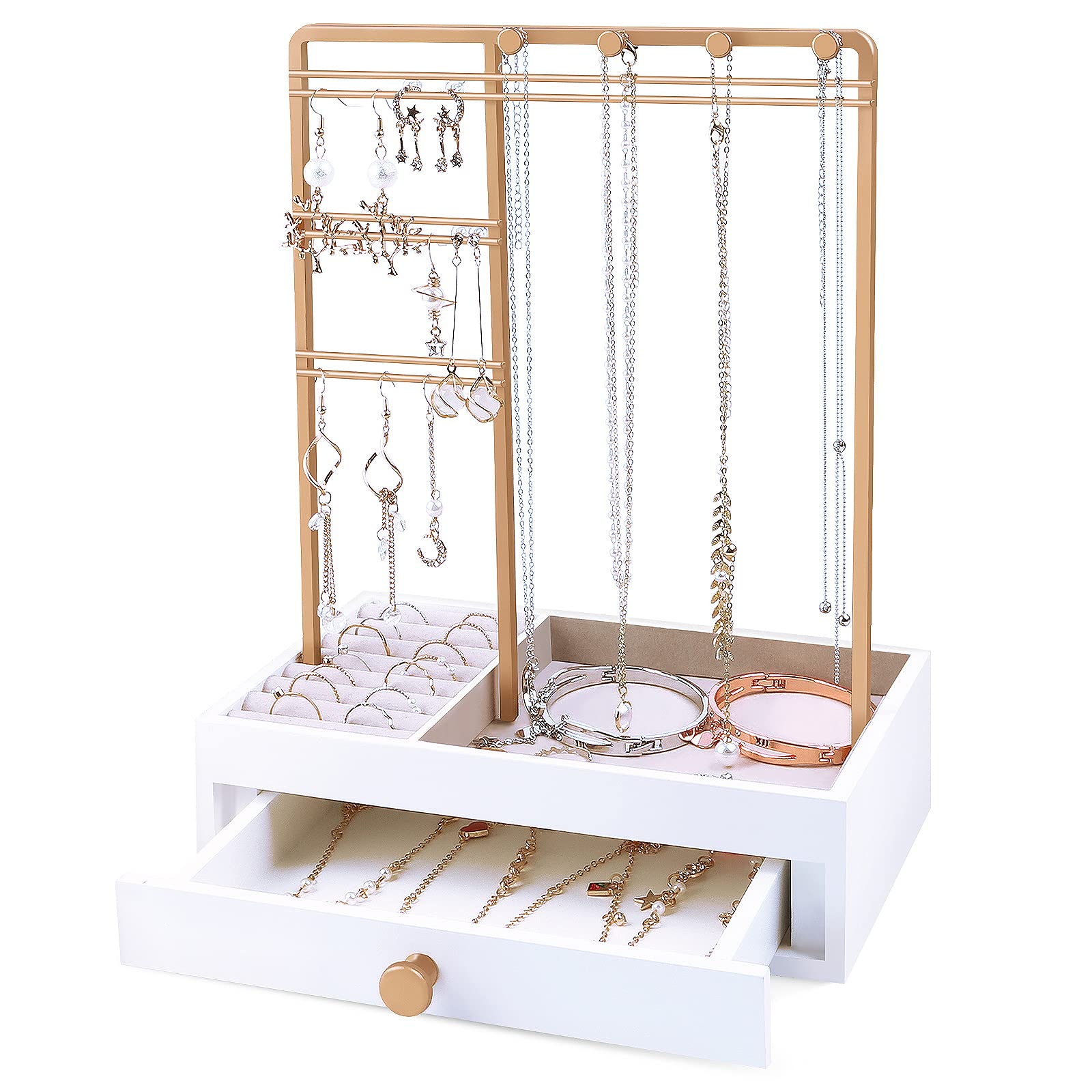 TeamkioTeamkio White Jewelry Organizer with Large Storage Box, Jewelry Holder, Tabletop Jewelry Stand Display for Necklace, Rings, Earrings, Bracelets, Watches