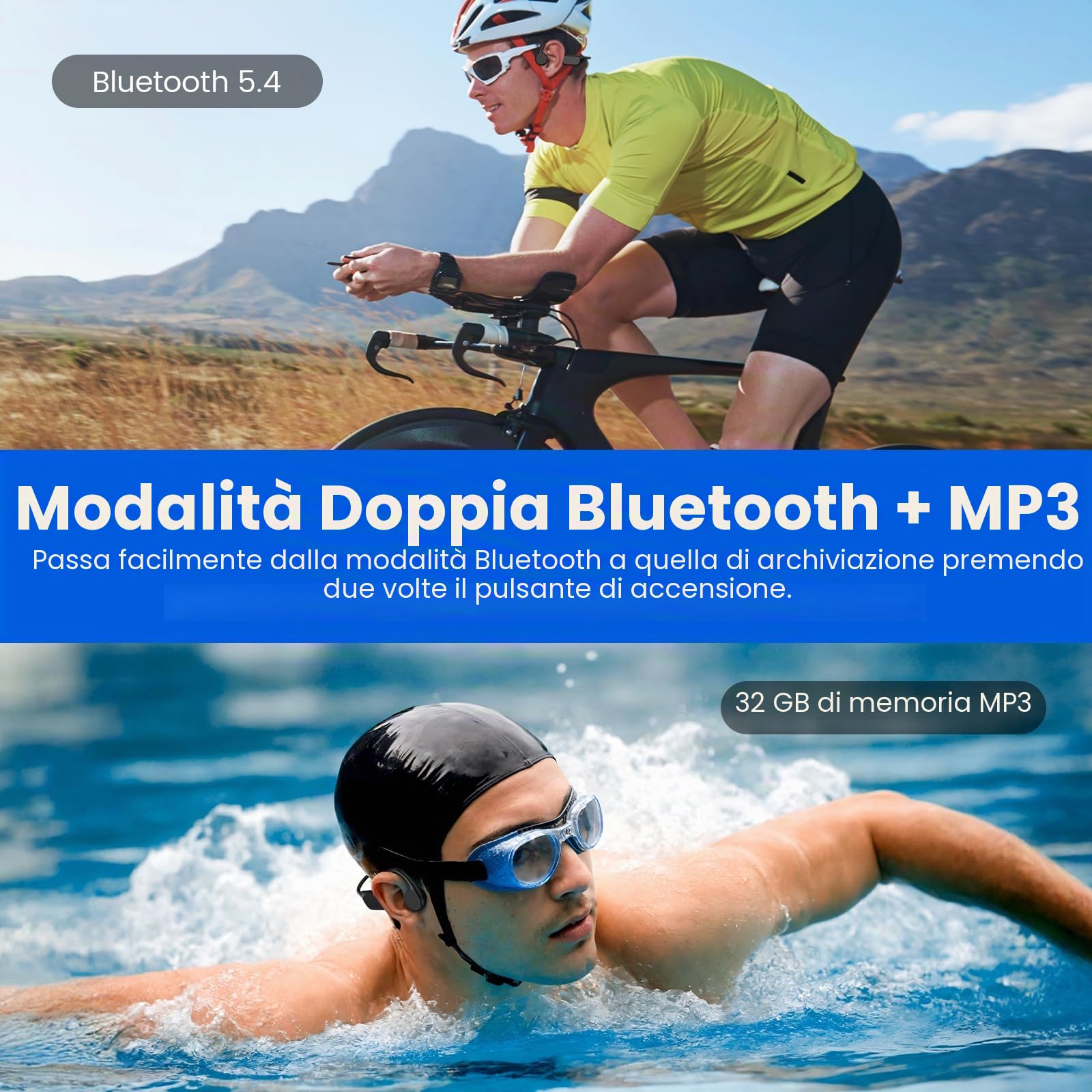 Cuffie per il nuoto, cuffie a conduzione ossea Bluetooth 5.4, IPX8 impermeabili, memoria integrata 32G cuffie sportive, cuffie subacquee open-ear senza fili con lettore MP3 per nuoto, corsa