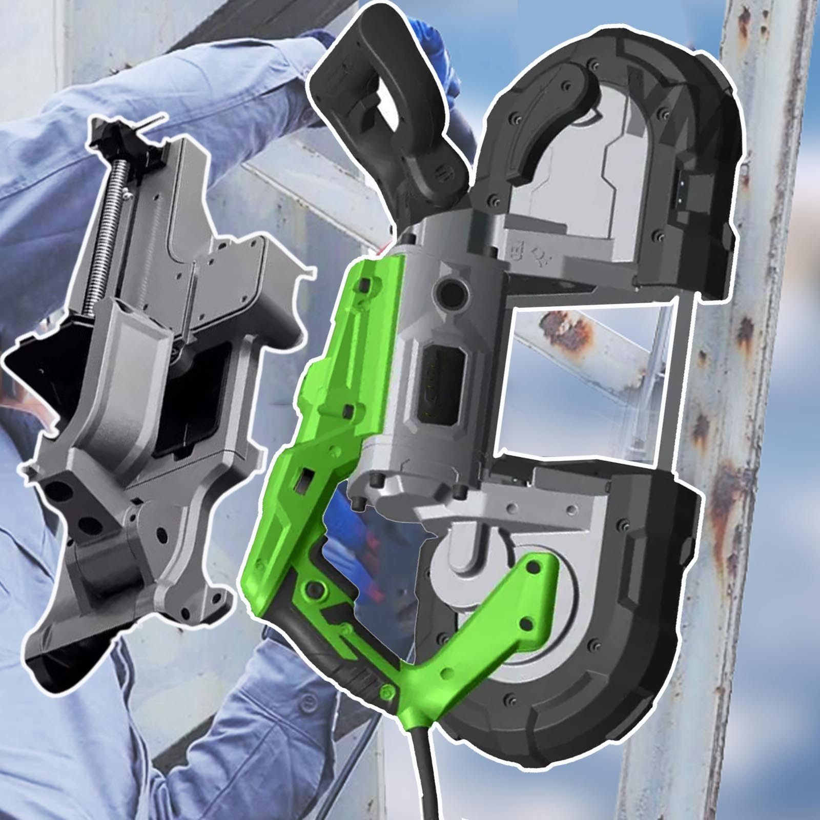 Sega A Nastro Con Base Puleggia,Sega Nastro Per Tagli Profondi 1100W,Sega Per Metallo Portatile/Automatica Multiuso Velocità Variabile,Materiale Tondo 110Mm,Materiale Angolare 105Mm,Green