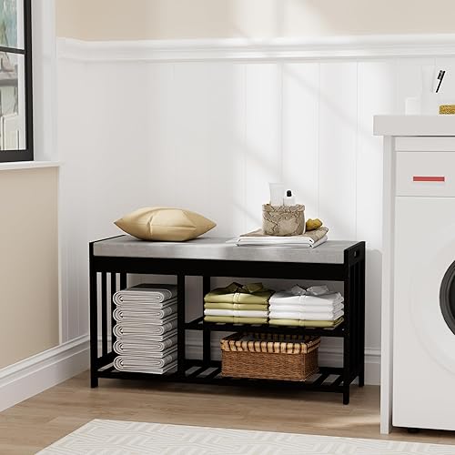 Miniatura 7 de APRTAT Banco de comedor de bambú, banco de almacenamiento interior de madera, muebles de cocina y sala de estar, 35.43 pulgadas de largo x 12.99