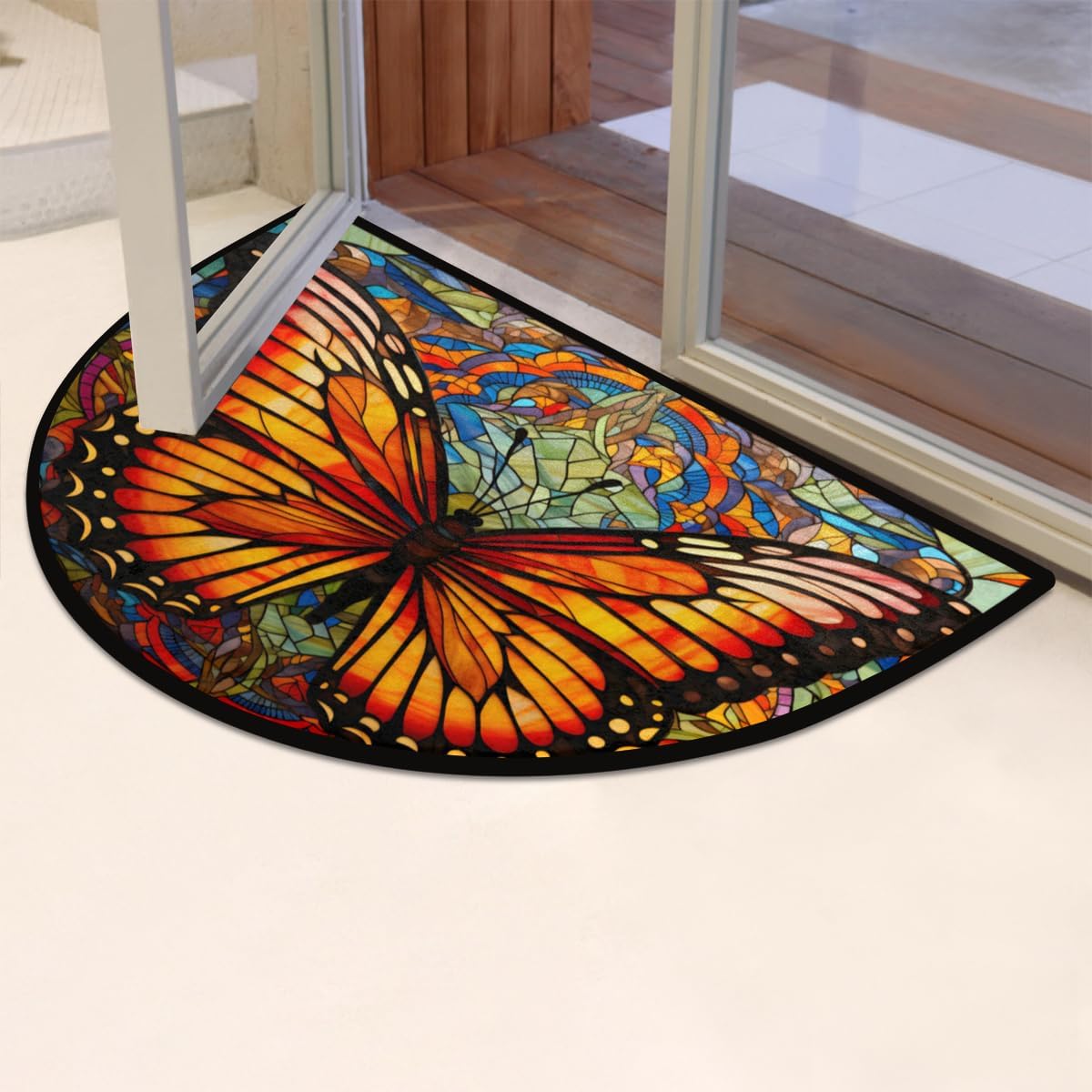 Butterfly Half Round Door Mat, Non-Slip Entrance Welcome Mat for Indoor Semi Circle Bathroom Floor Rugs Outdoor Mats House Entry Way Heavy Duty Doormat for Kitchen Living Room 36x24 Inch