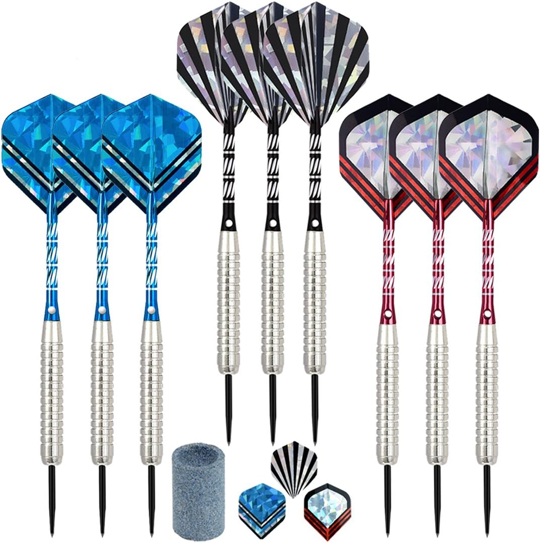 9 Packs Steel Tip Darts 22 Grams with Aluminum Shafts,Steel Barrels and Laser Dart Flights,an Extra Round Dart Sharpener Included